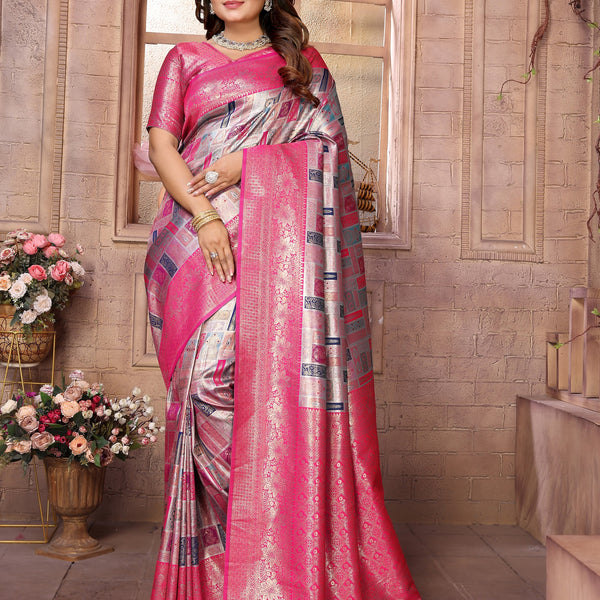Vedant Vastram Soft Litchi Silk Kanjeevaram Silk Saree - Grey - Distacart