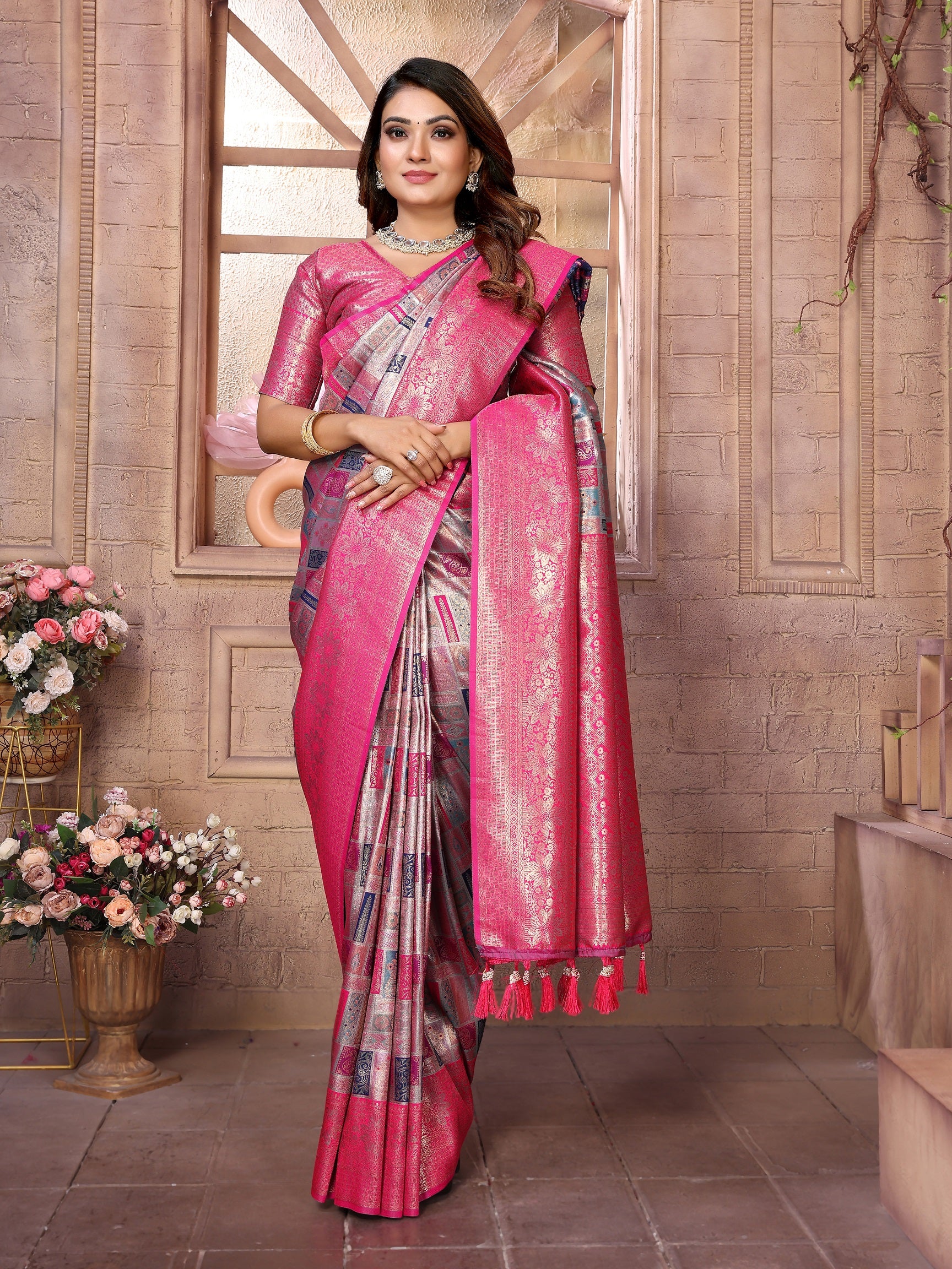 Vedant Vastram Soft Litchi Silk Kanjeevaram Silk Saree - Grey - Distacart