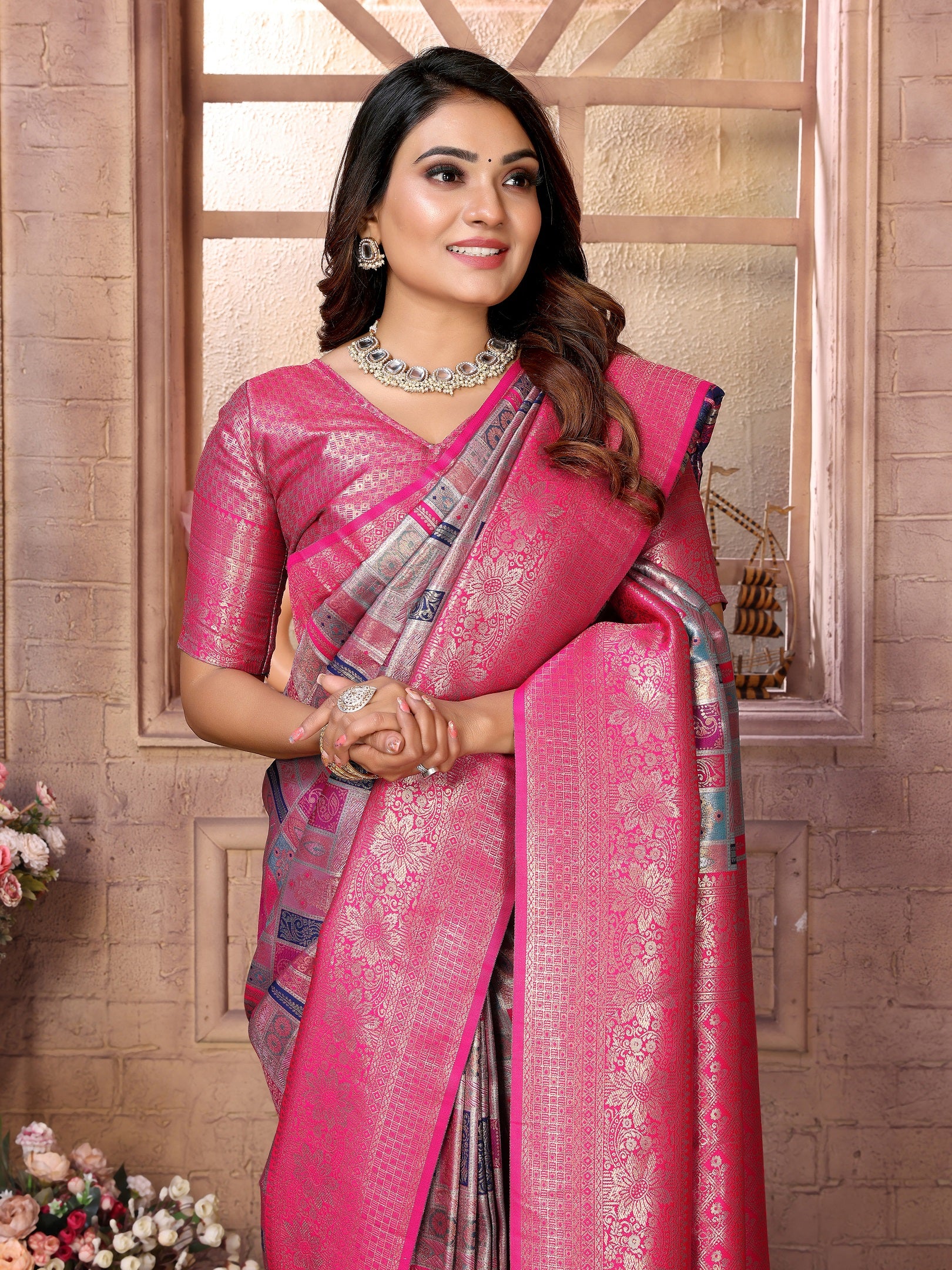Vedant Vastram Soft Litchi Silk Kanjeevaram Silk Saree - Grey - Distacart