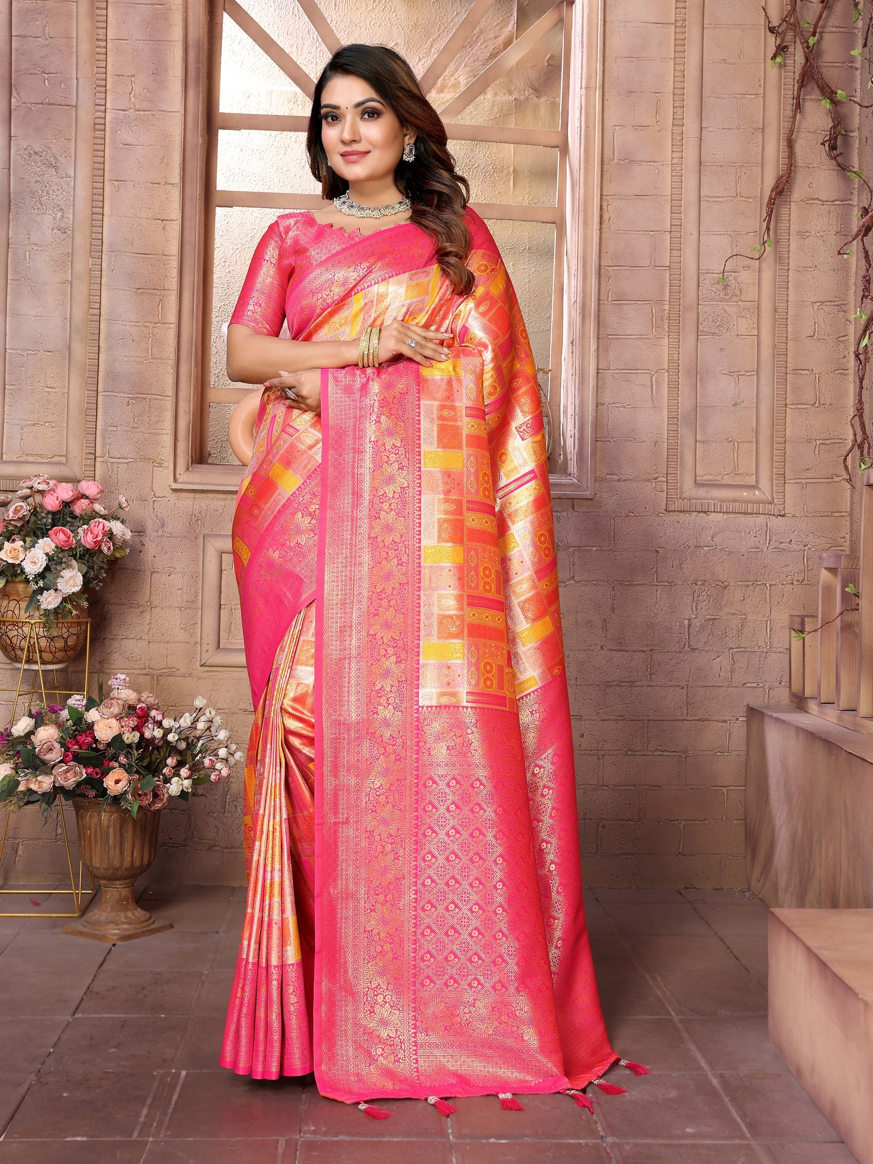 Vedant Vastram Soft Litchi Silk Kanjeevaram Silk Saree - Mustard - Distacart