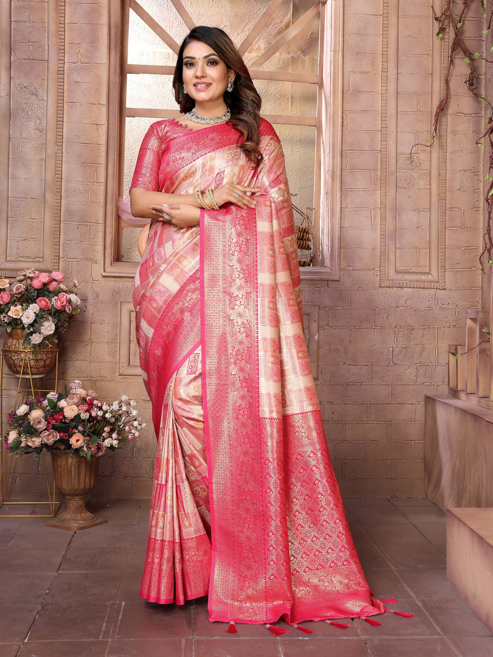 Vedant Vastram Soft Litchi Silk Kanjeevaram Silk Saree - Pink - Distacart