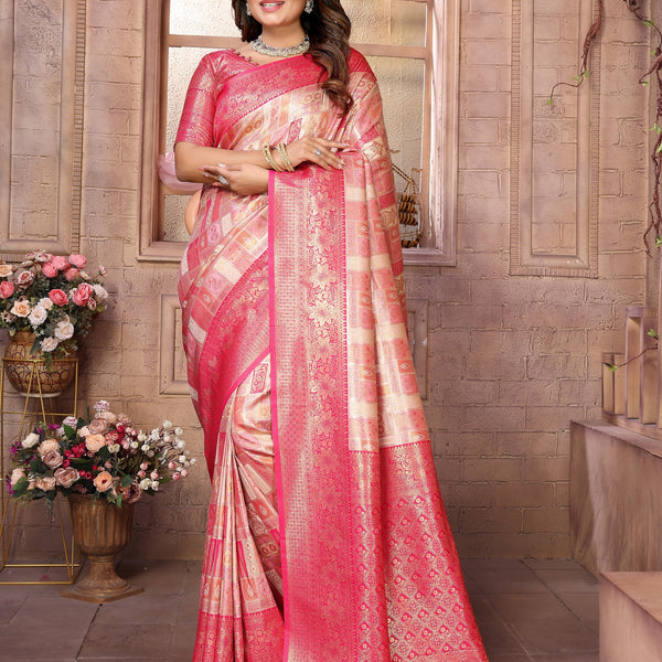 Vedant Vastram Soft Litchi Silk Kanjeevaram Silk Saree - Pink - Distacart