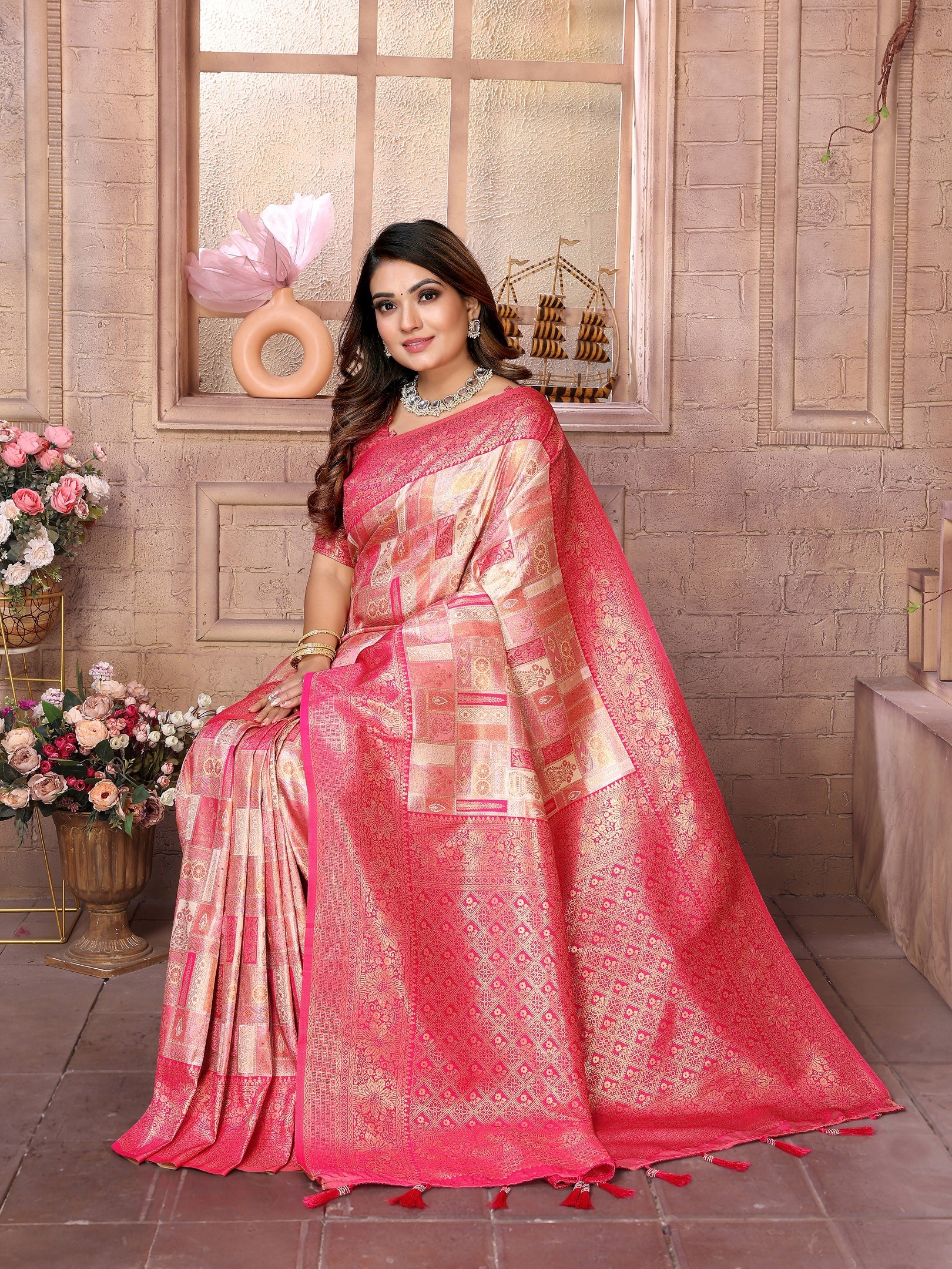 Vedant Vastram Soft Litchi Silk Kanjeevaram Silk Saree - Pink - Distacart