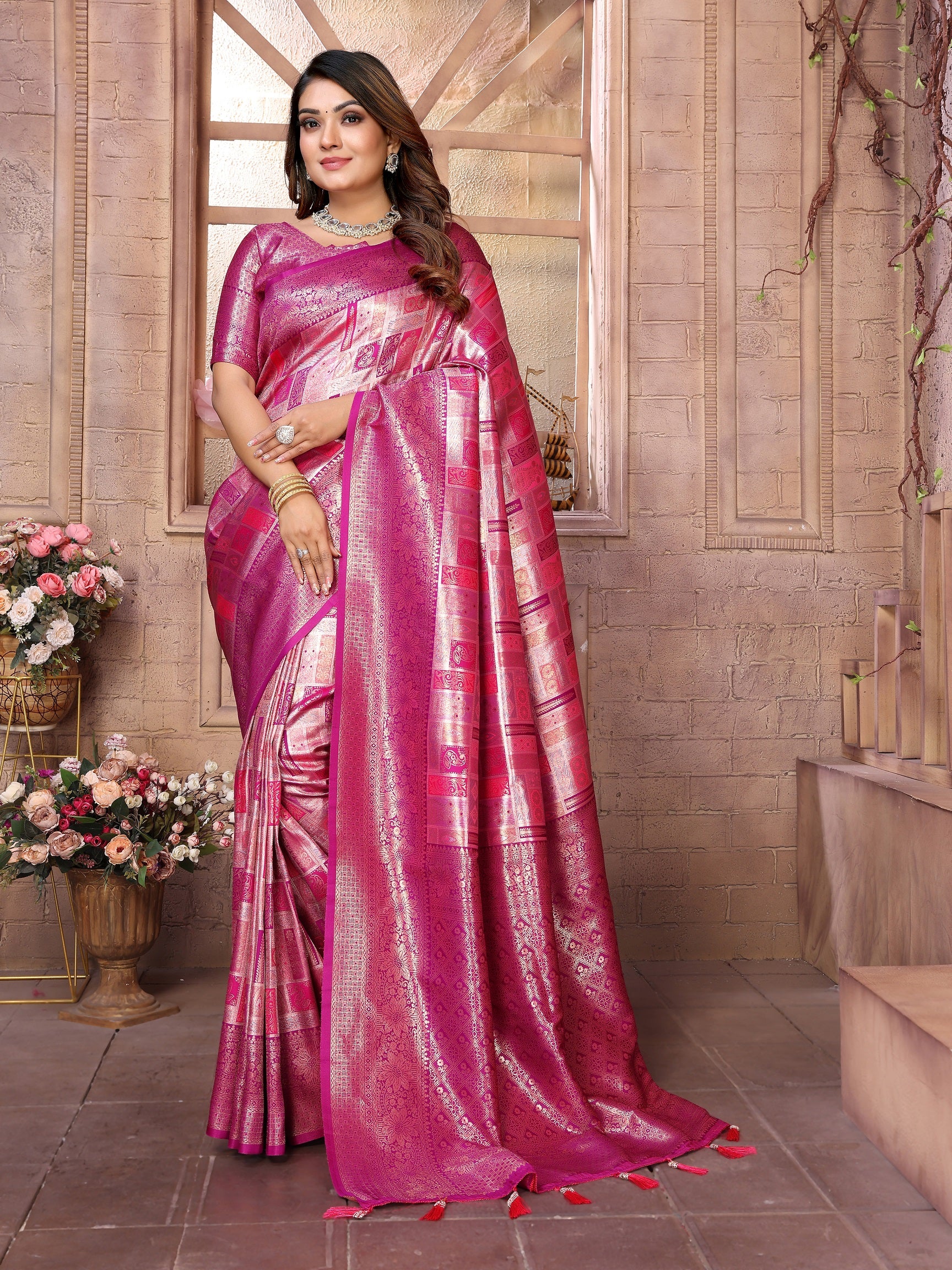 Vedant Vastram Soft Litchi Silk Kanjeevaram Silk Saree - Purple - Distacart