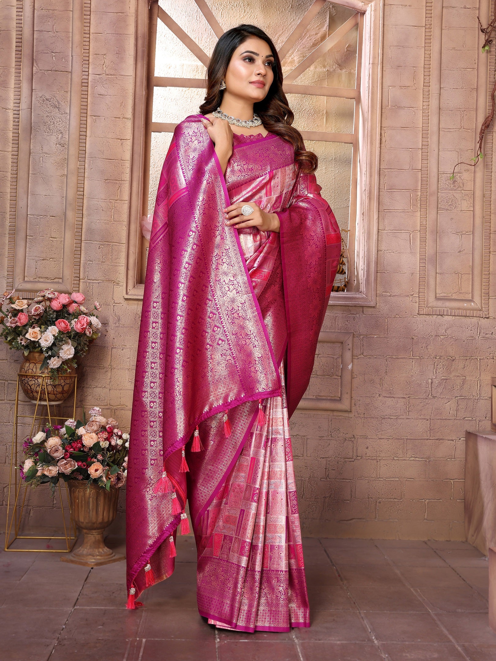 Vedant Vastram Soft Litchi Silk Kanjeevaram Silk Saree - Purple - Distacart