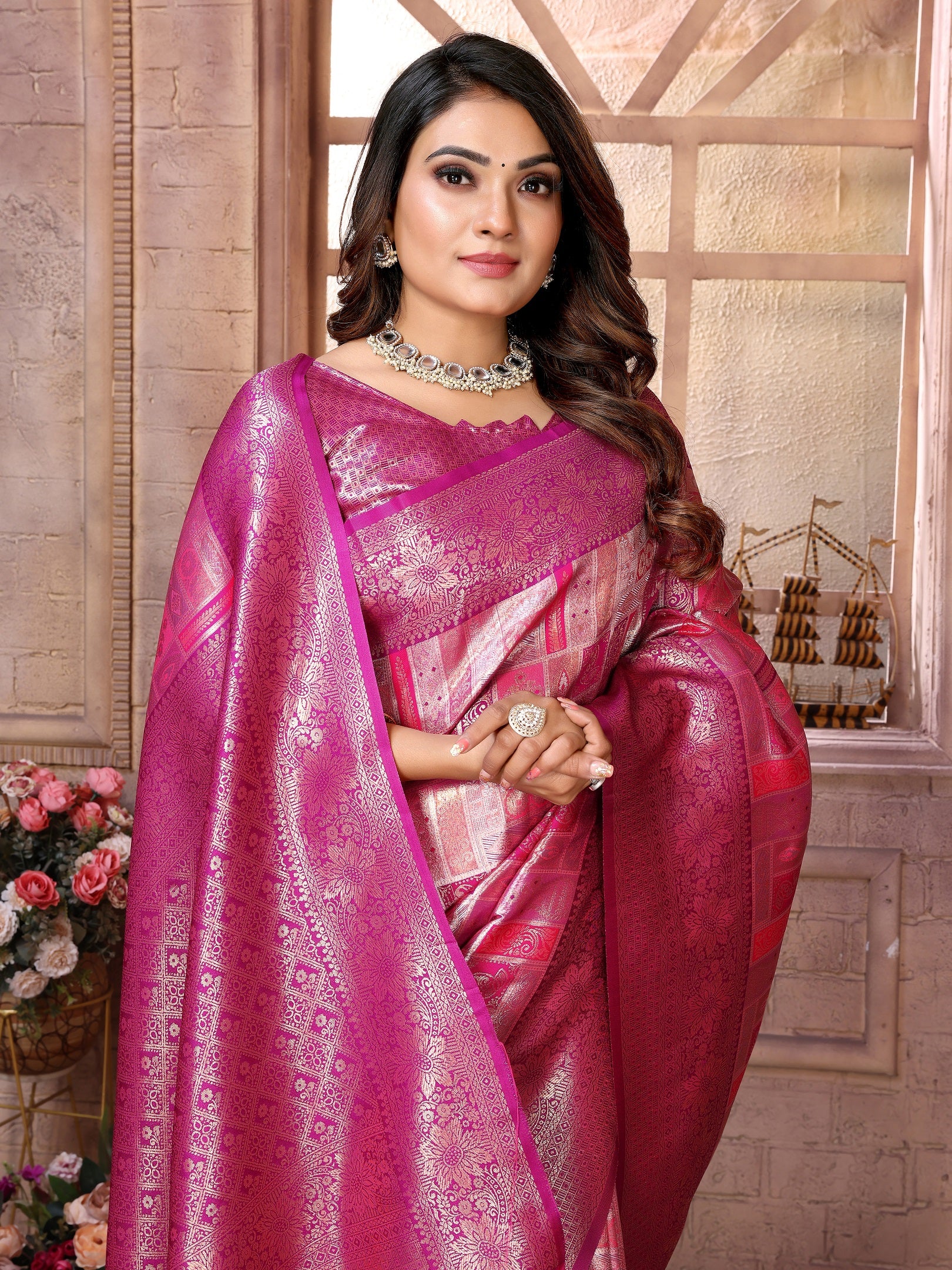 Vedant Vastram Soft Litchi Silk Kanjeevaram Silk Saree - Purple - Distacart