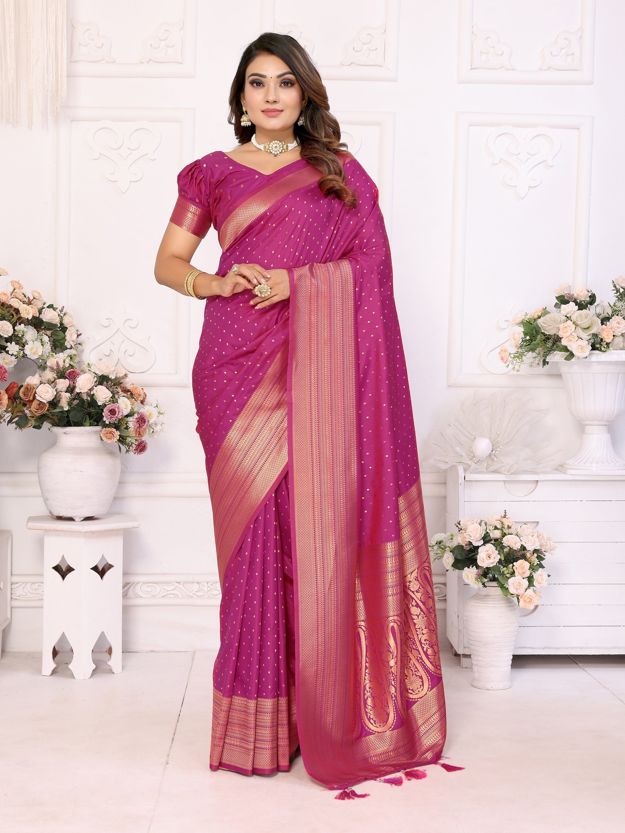 Vedant Vastram Soft Litchi Silk Banarasi Silk Saree - Magenta - Distacart