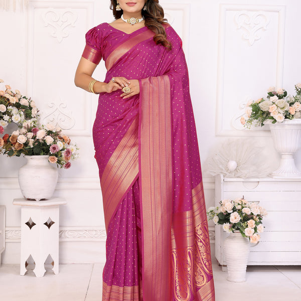 Vedant Vastram Soft Litchi Silk Banarasi Silk Saree - Magenta - Distacart