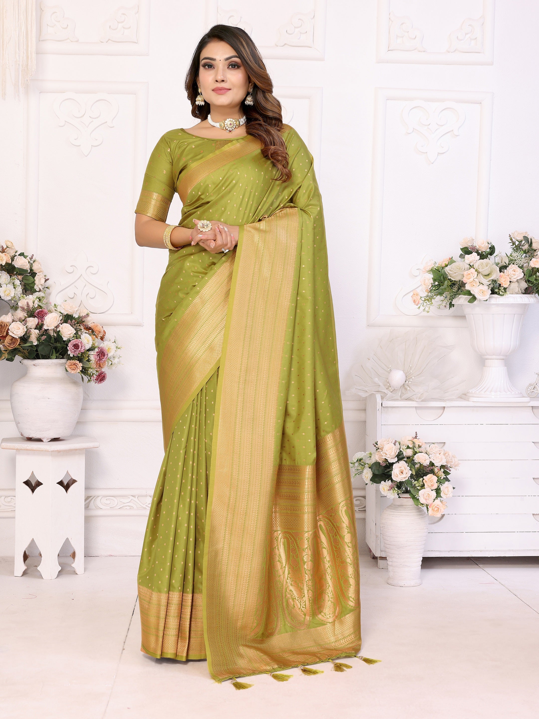 Vedant Vastram Soft Litchi Silk Banarasi Silk Saree - Mahendi - Distacart