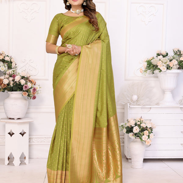 Vedant Vastram Soft Litchi Silk Banarasi Silk Saree - Mahendi - Distacart