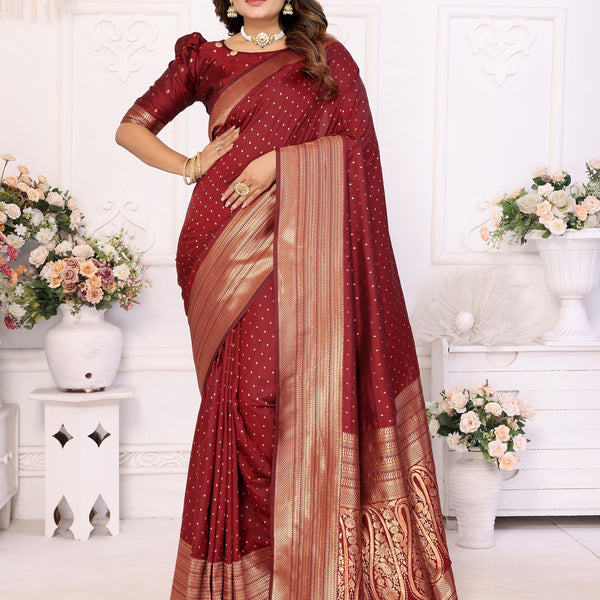 Vedant Vastram Soft Litchi Silk Banarasi Silk Saree - Maroon - Distacart