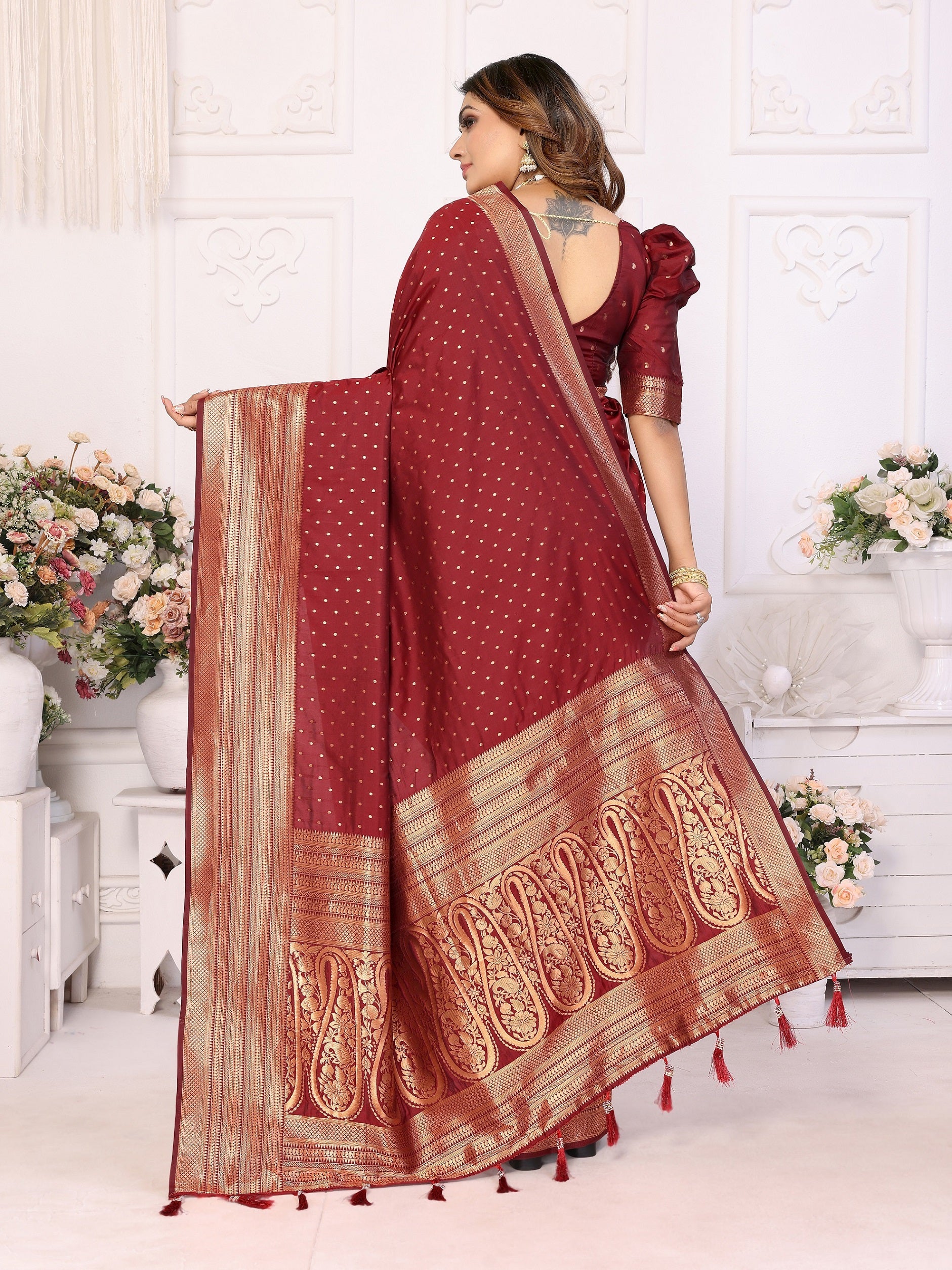 Vedant Vastram Soft Litchi Silk Banarasi Silk Saree - Maroon - Distacart