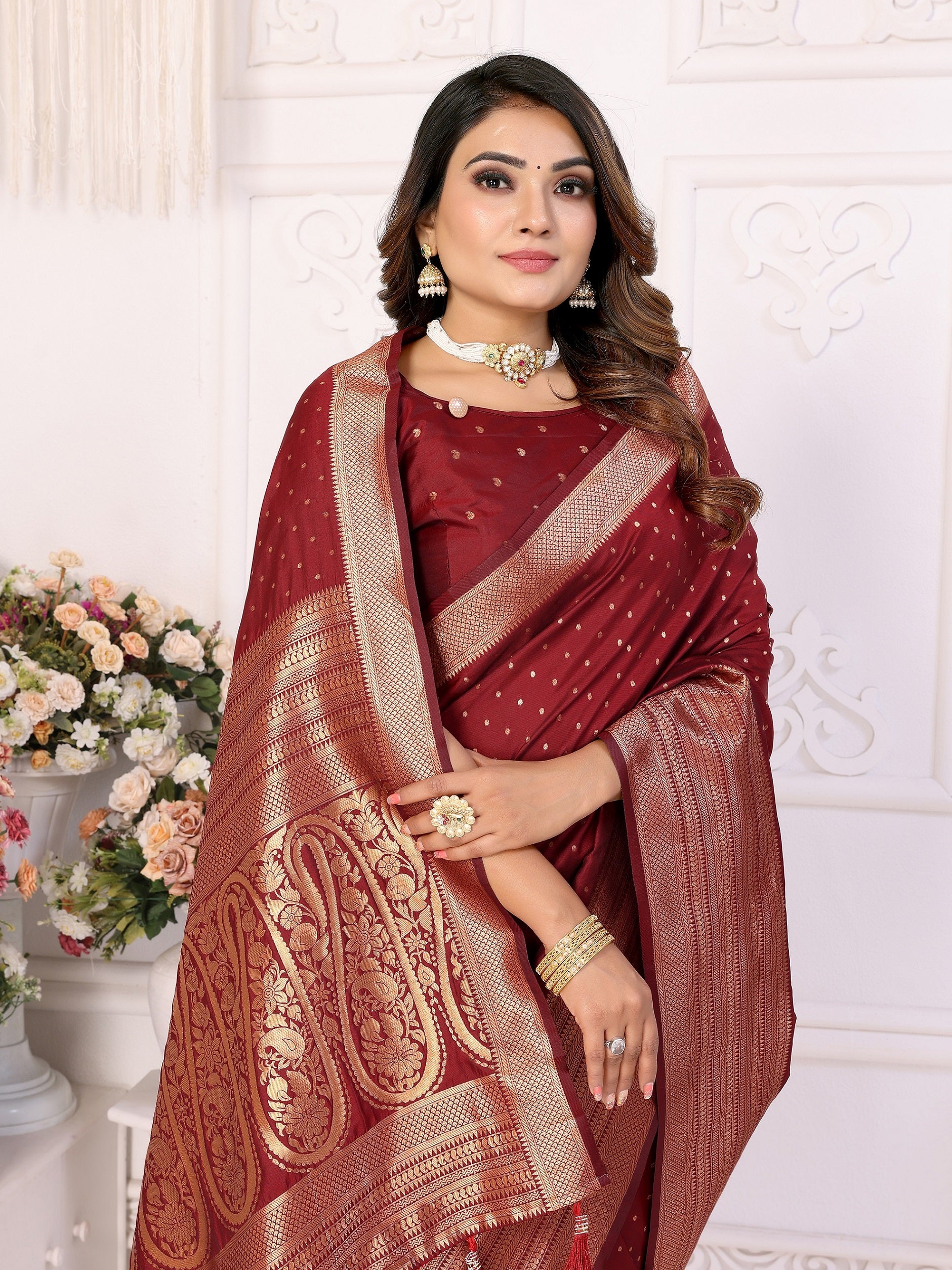 Vedant Vastram Soft Litchi Silk Banarasi Silk Saree - Maroon - Distacart