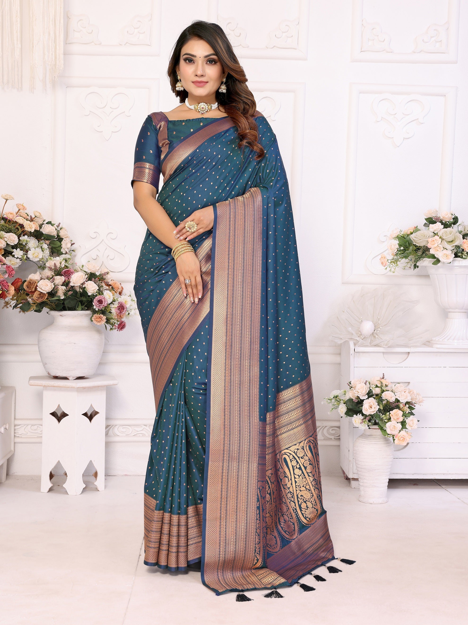 Vedant Vastram Soft Litchi Silk Banarasi Silk Saree - Navy - Distacart