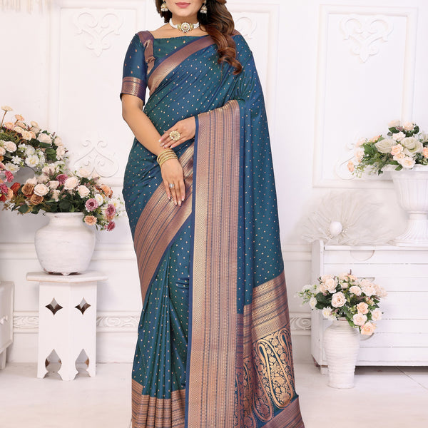 Vedant Vastram Soft Litchi Silk Banarasi Silk Saree - Navy - Distacart