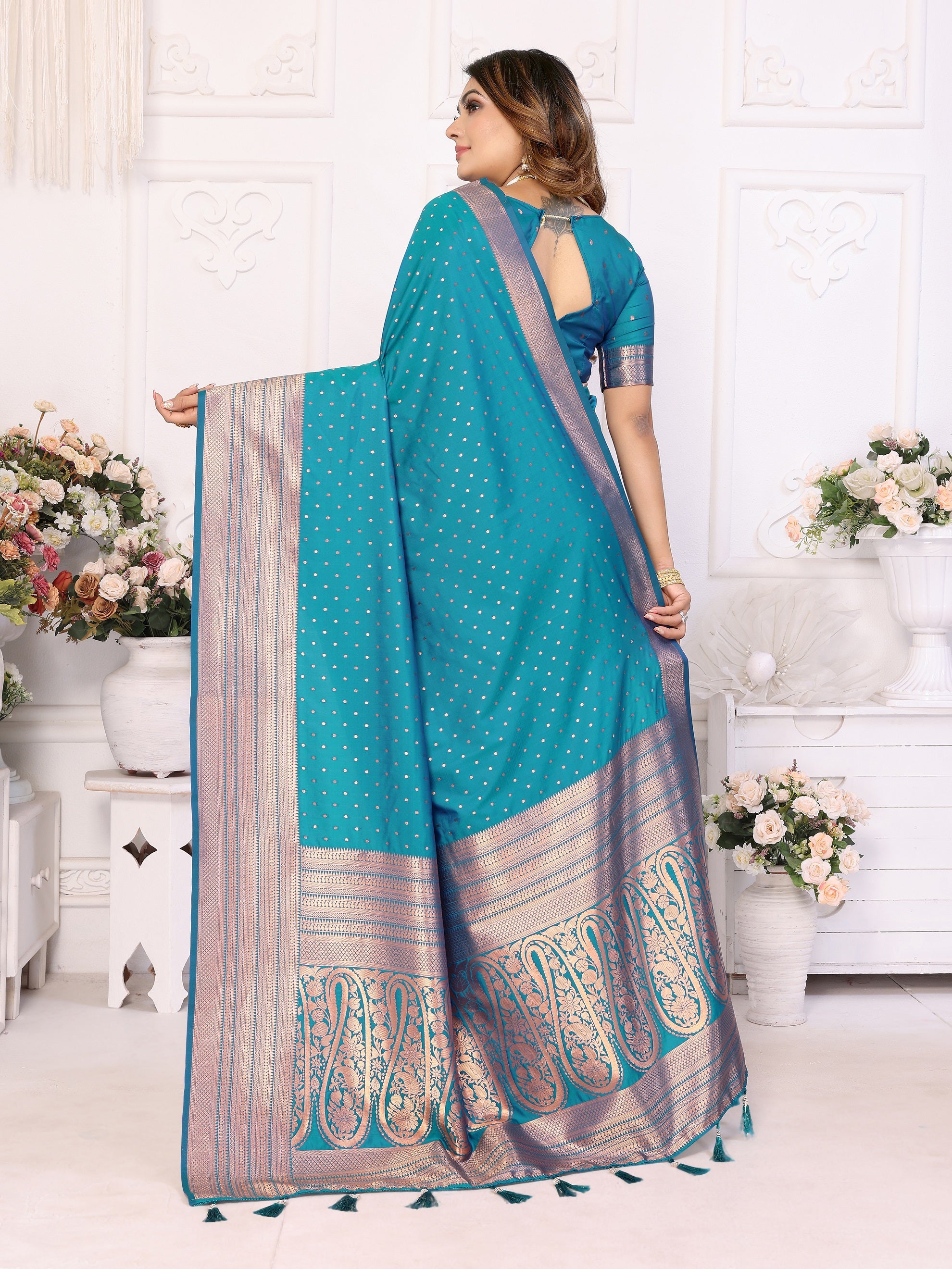 Vedant Vastram Soft Litchi Silk Banarasi Silk Saree - Rama - Distacart
