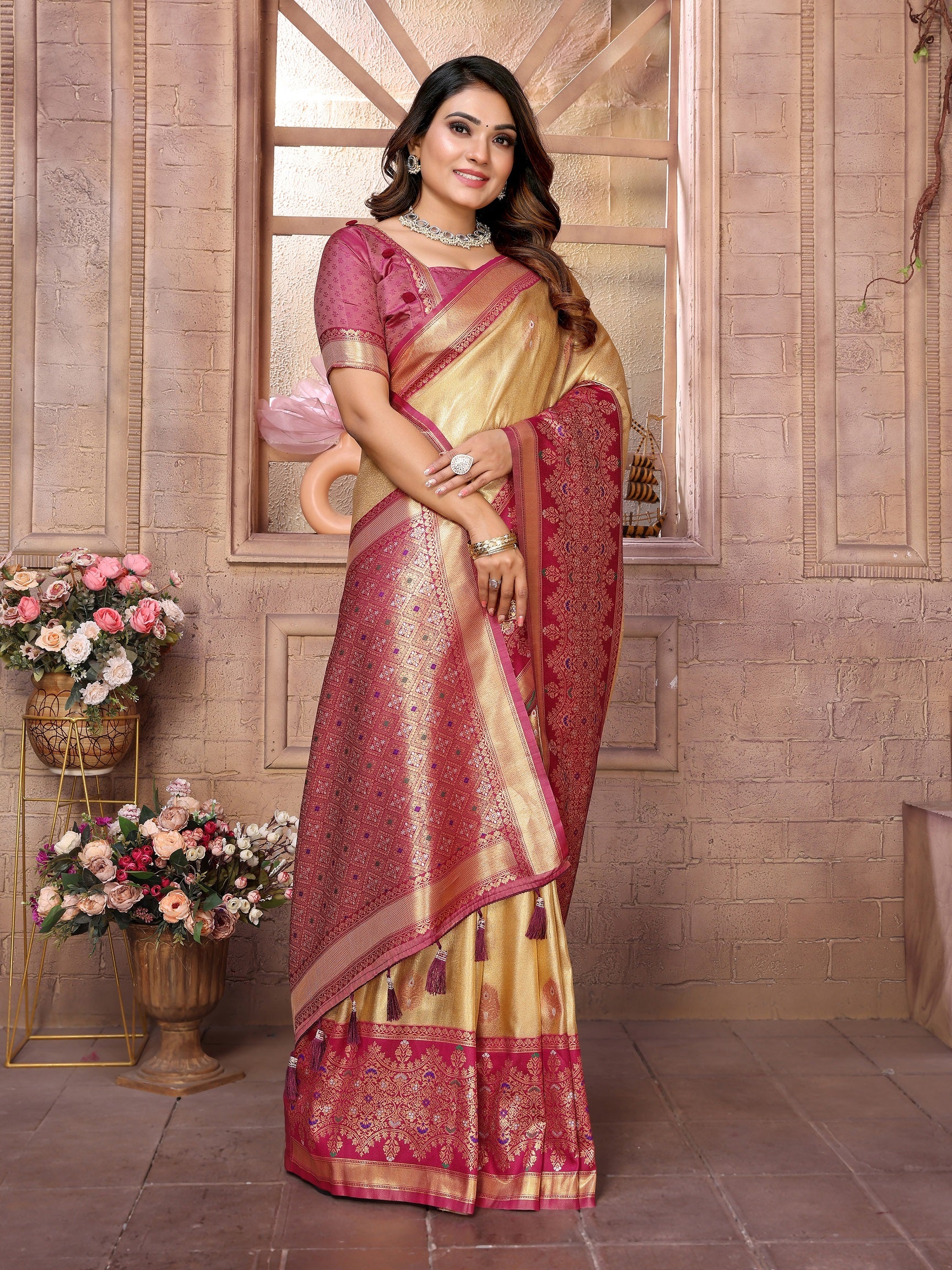 Vedant Vastram Tissue Silk Kanjeevaram Silk Saree - Beige - Distacart