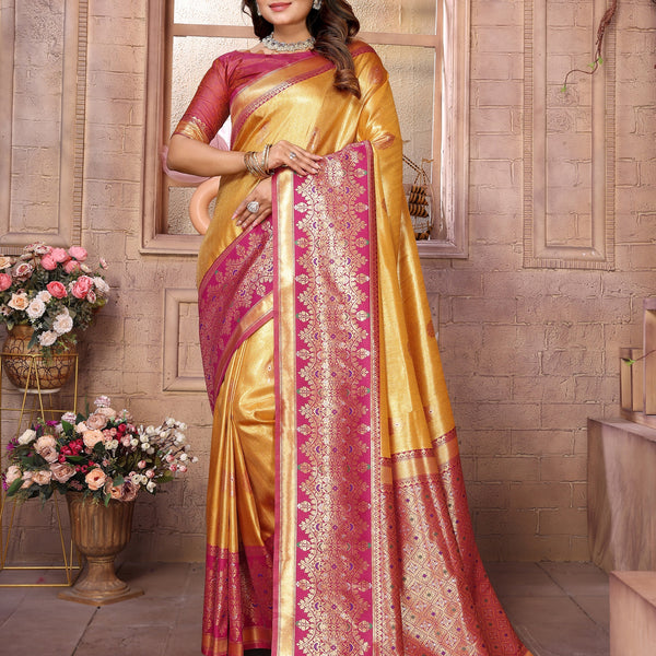 Vedant Vastram Tissue Silk Kanjeevaram Silk Saree - Mustard - Distacart
