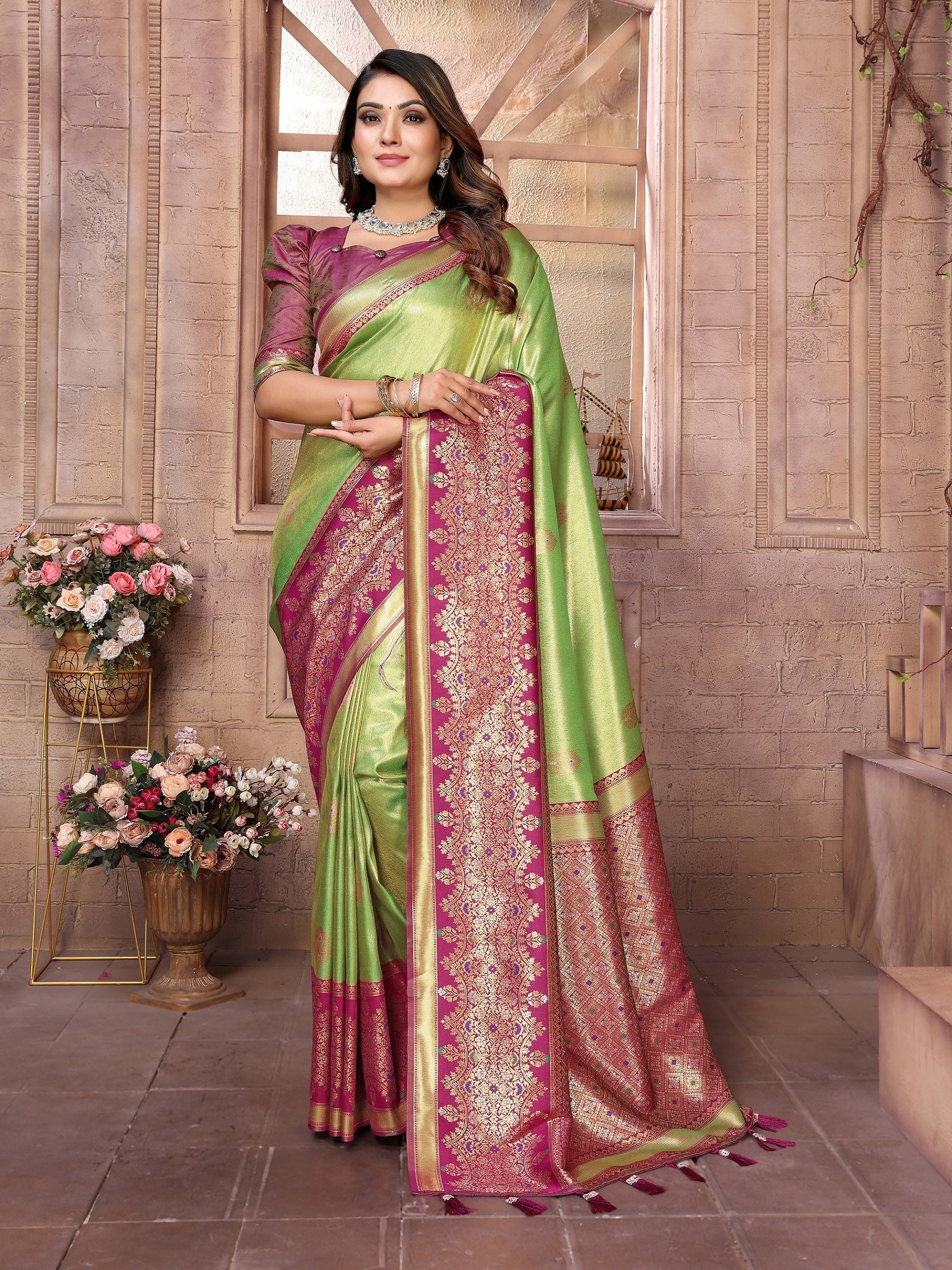 Vedant Vastram Tissue Silk Kanjeevaram Silk Saree - Parrot - Distacart