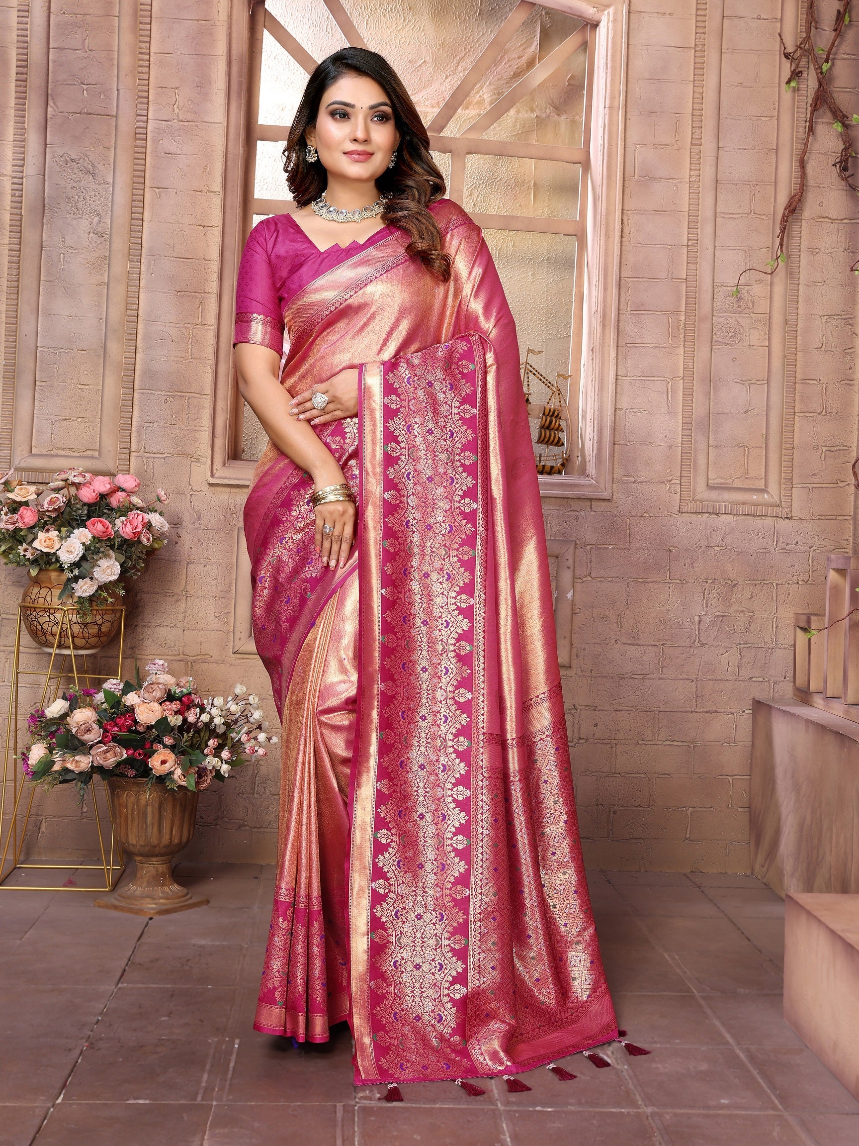 Vedant Vastram Tissue Silk Kanjeevaram Silk Saree - Pink - Distacart