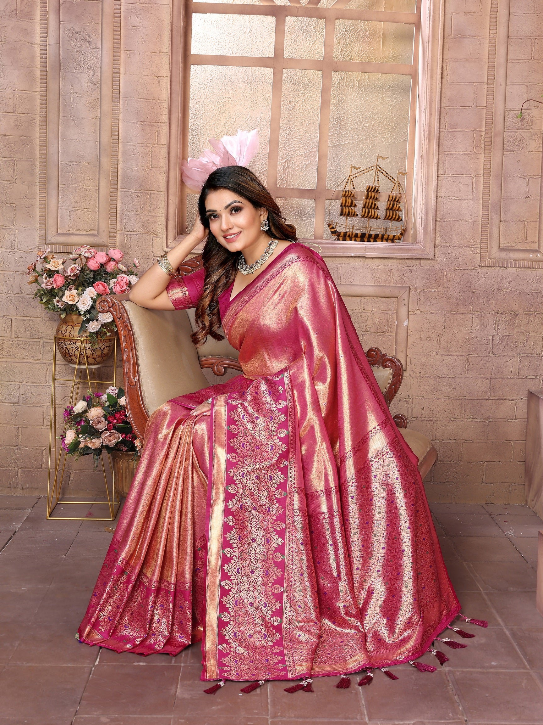 Vedant Vastram Tissue Silk Kanjeevaram Silk Saree - Pink - Distacart