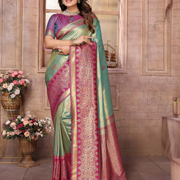 Vedant Vastram Tissue Silk Kanjeevaram Silk Saree - Pista - Distacart