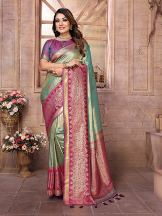 Vedant Vastram Tissue Silk Kanjeevaram Silk Saree - Pista - Distacart