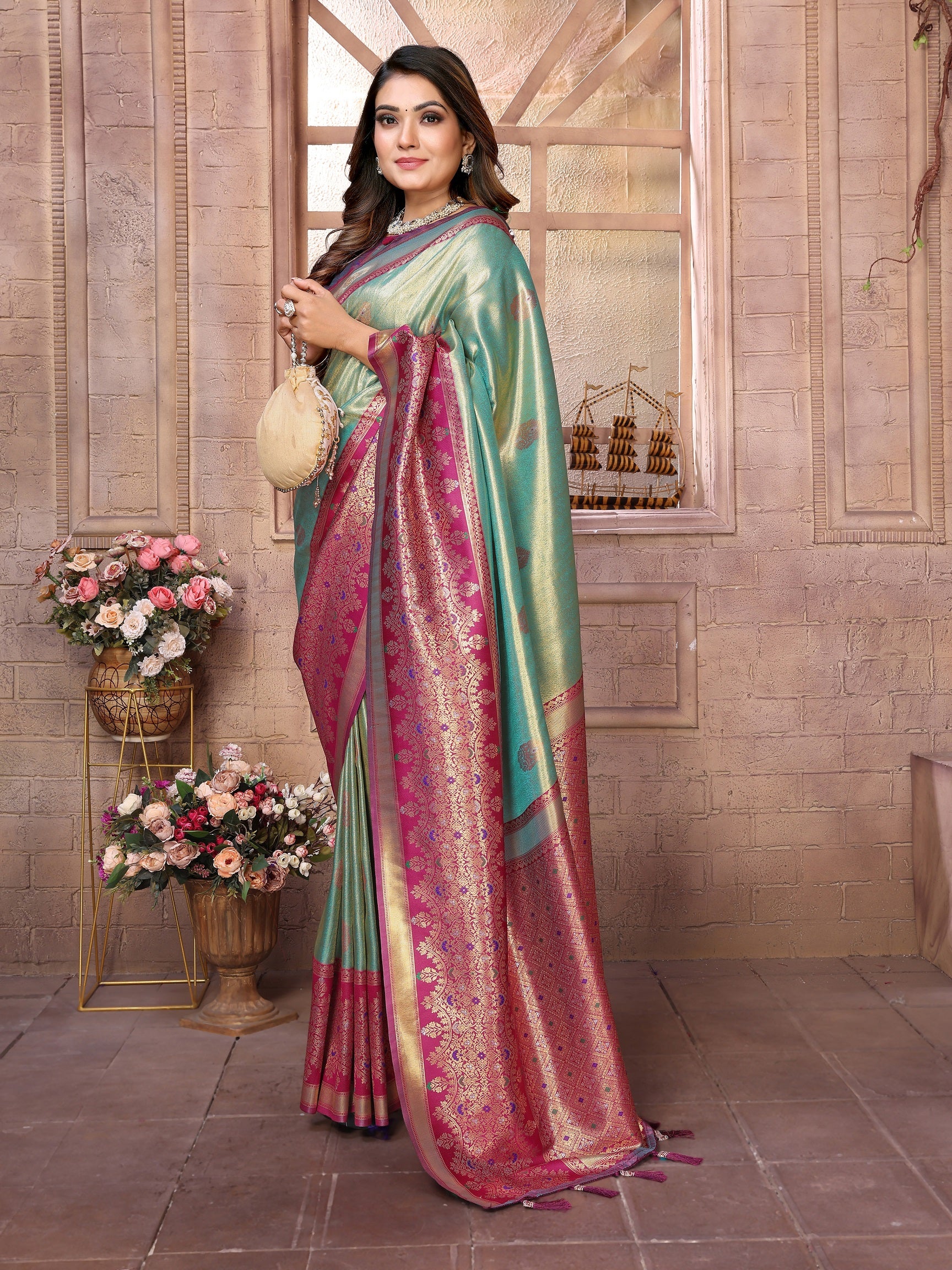 Vedant Vastram Tissue Silk Kanjeevaram Silk Saree - Pista - Distacart
