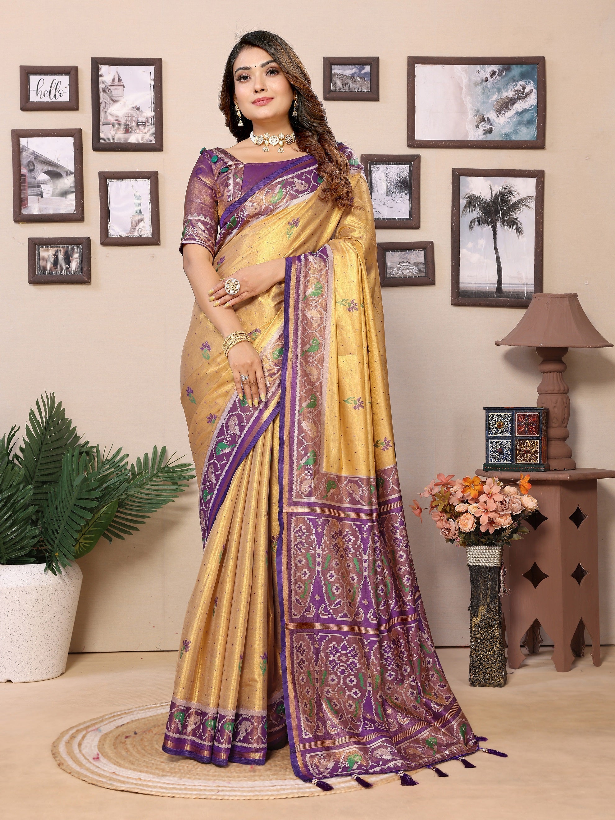 Vedant Vastram Tissue Silk Patola Design Kanjeevaram Silk Saree - Beige - Distacart