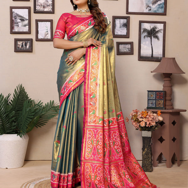 Vedant Vastram Tissue Silk Patola Design Kanjeevaram Silk Saree - Mahendi - Distacart