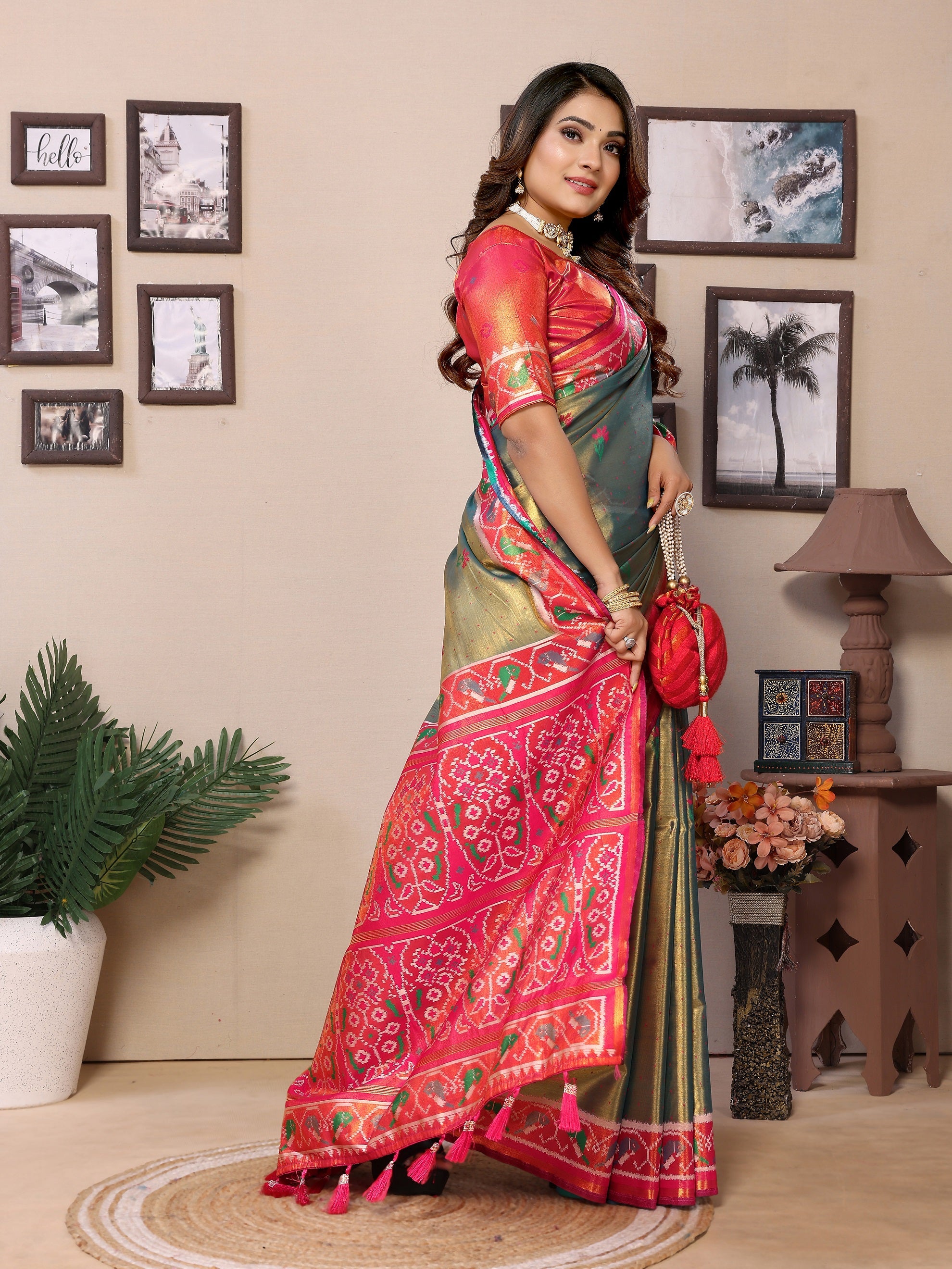 Vedant Vastram Tissue Silk Patola Design Kanjeevaram Silk Saree - Mahendi - Distacart