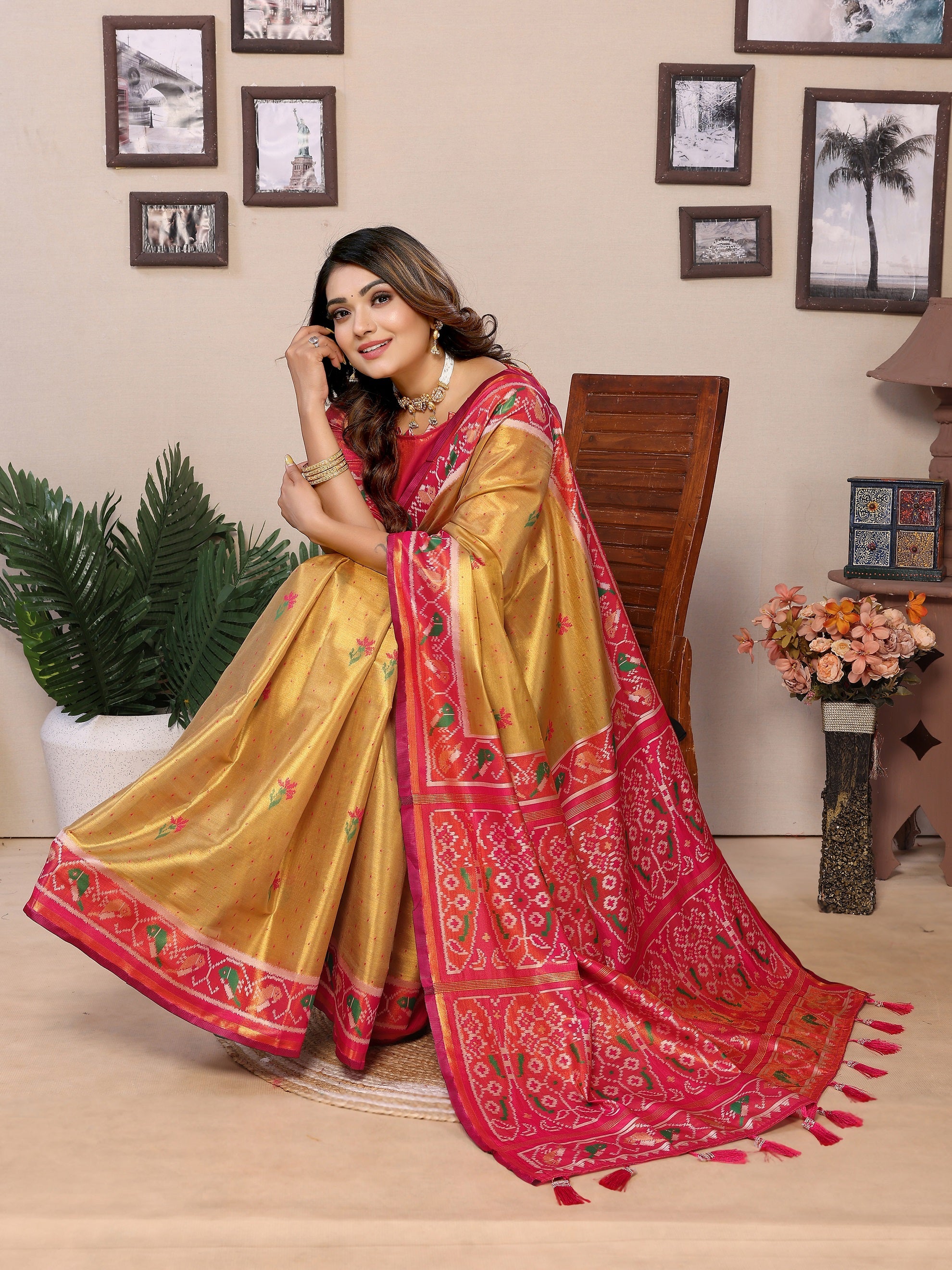 Vedant Vastram Tissue Silk Patola Design Kanjeevaram Silk Saree - Mustard - Distacart