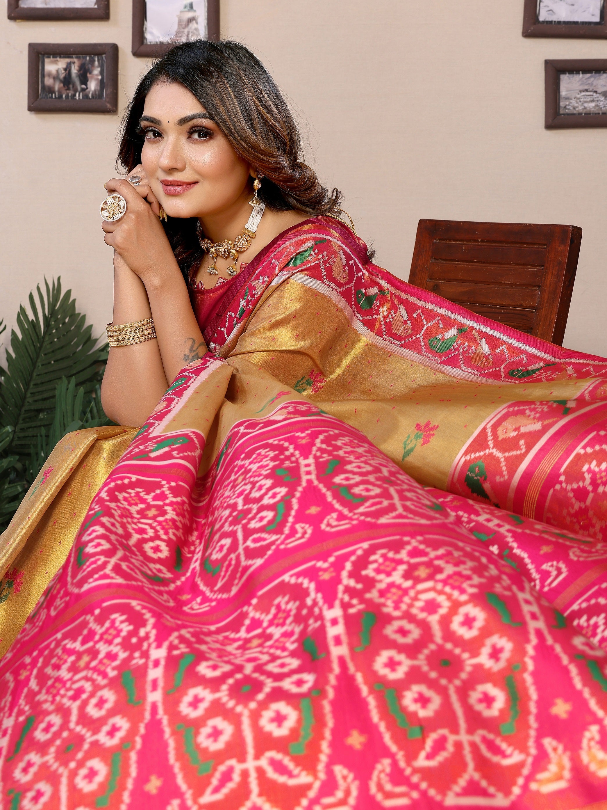 Vedant Vastram Tissue Silk Patola Design Kanjeevaram Silk Saree - Mustard - Distacart