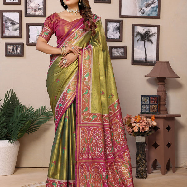 Vedant Vastram Tissue Silk Patola Design Kanjeevaram Silk Saree - Olive - Distacart