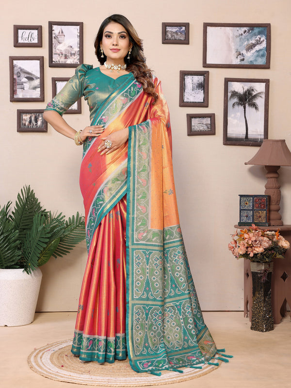 Vedant Vastram Tissue Silk Patola Design Kanjeevaram Silk Saree - Orange - Distacart