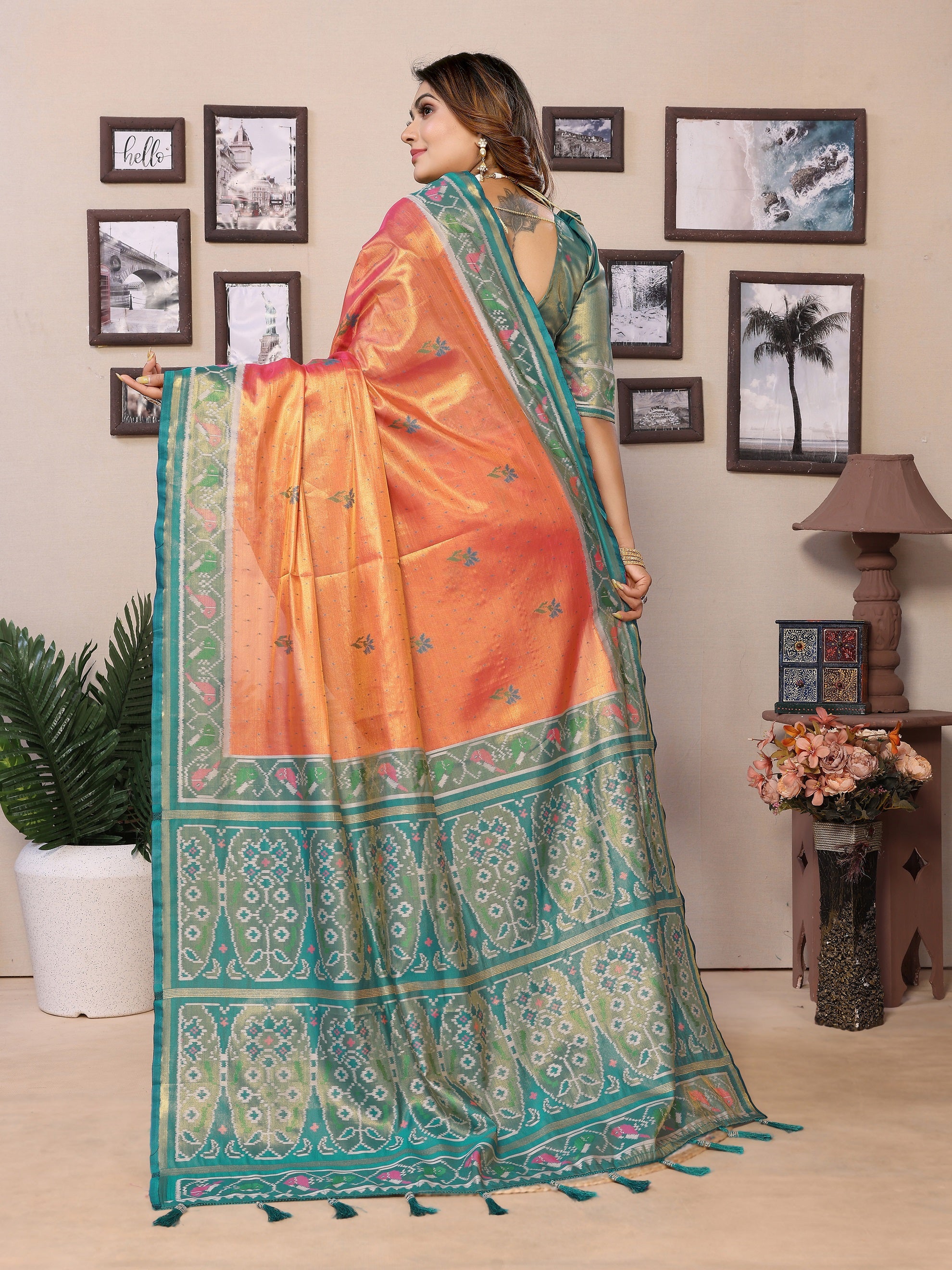 Vedant Vastram Tissue Silk Patola Design Kanjeevaram Silk Saree - Orange - Distacart