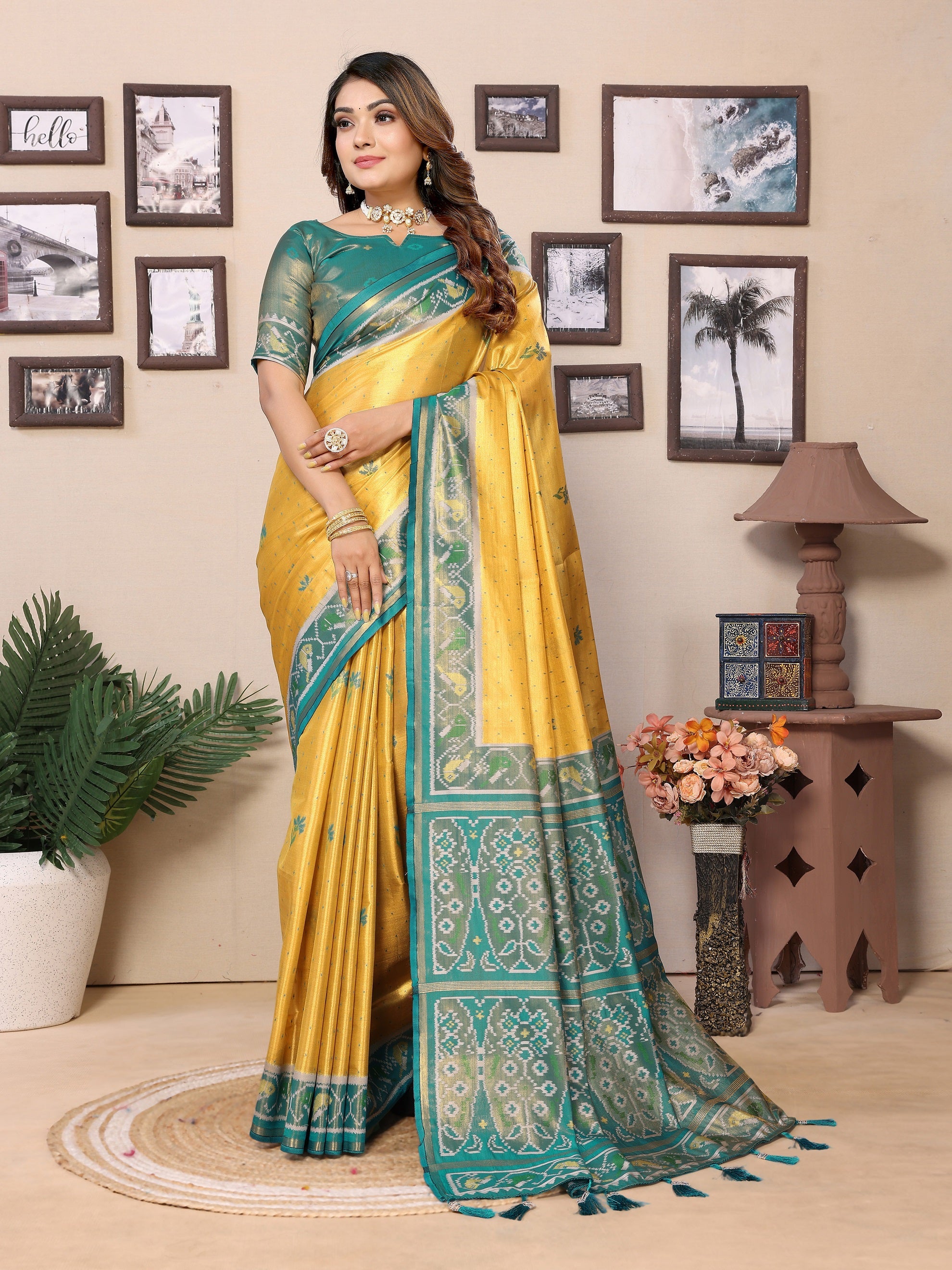 Vedant Vastram Tissue Silk Patola Design Kanjeevaram Silk Saree - Yellow - Distacart