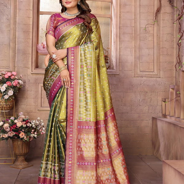 Vedant Vastram Tissue Silk Patola Design Kanjeevaram Silk Saree - Olive - Distacart