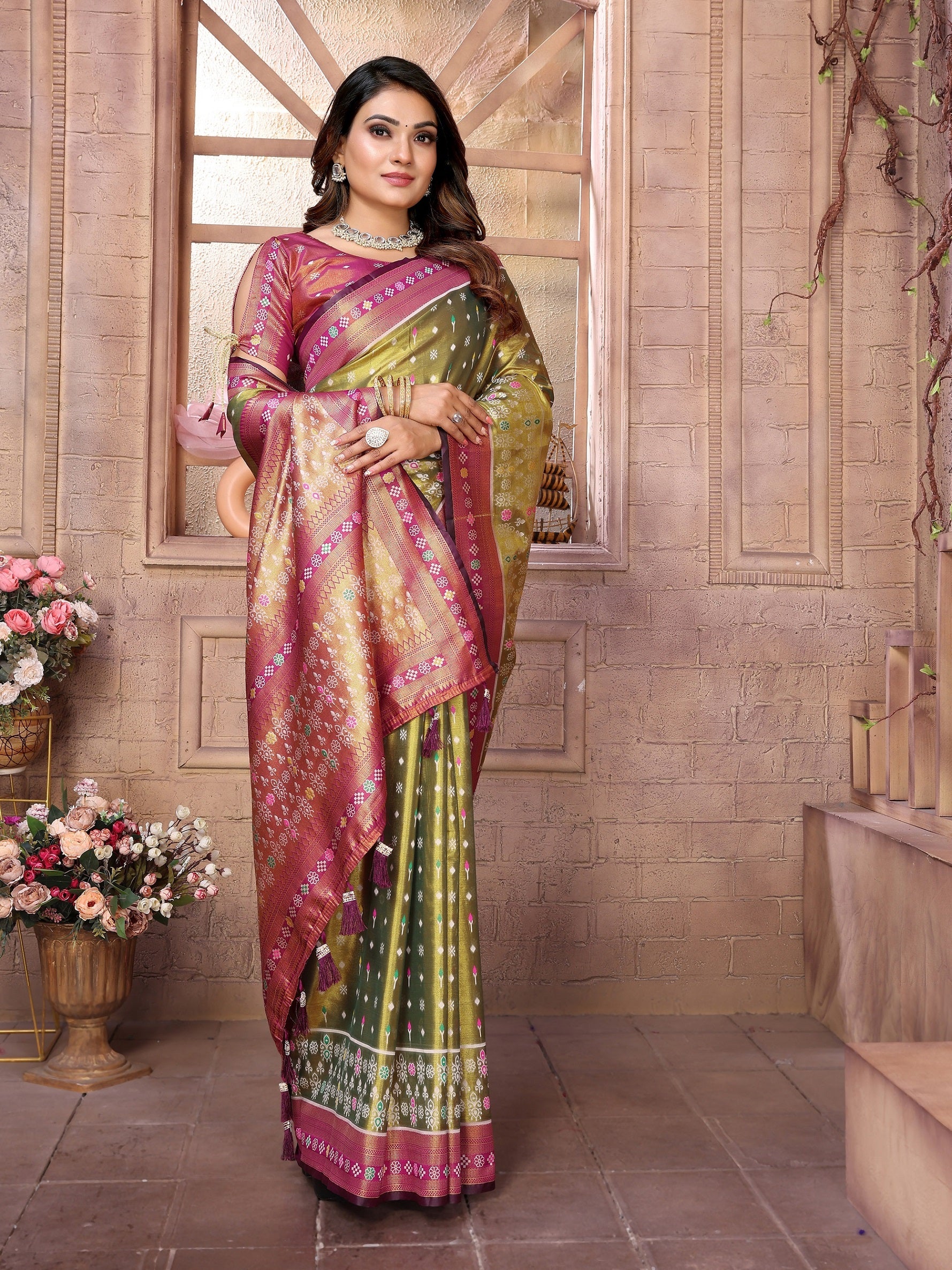 Vedant Vastram Tissue Silk Patola Design Kanjeevaram Silk Saree - Olive - Distacart