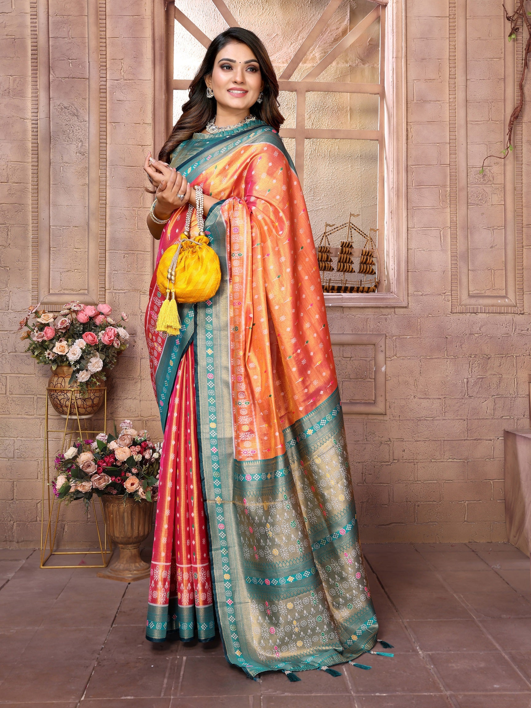 Vedant Vastram Tissue Silk Patola Design Kanjeevaram Silk Saree - Orange - Distacart