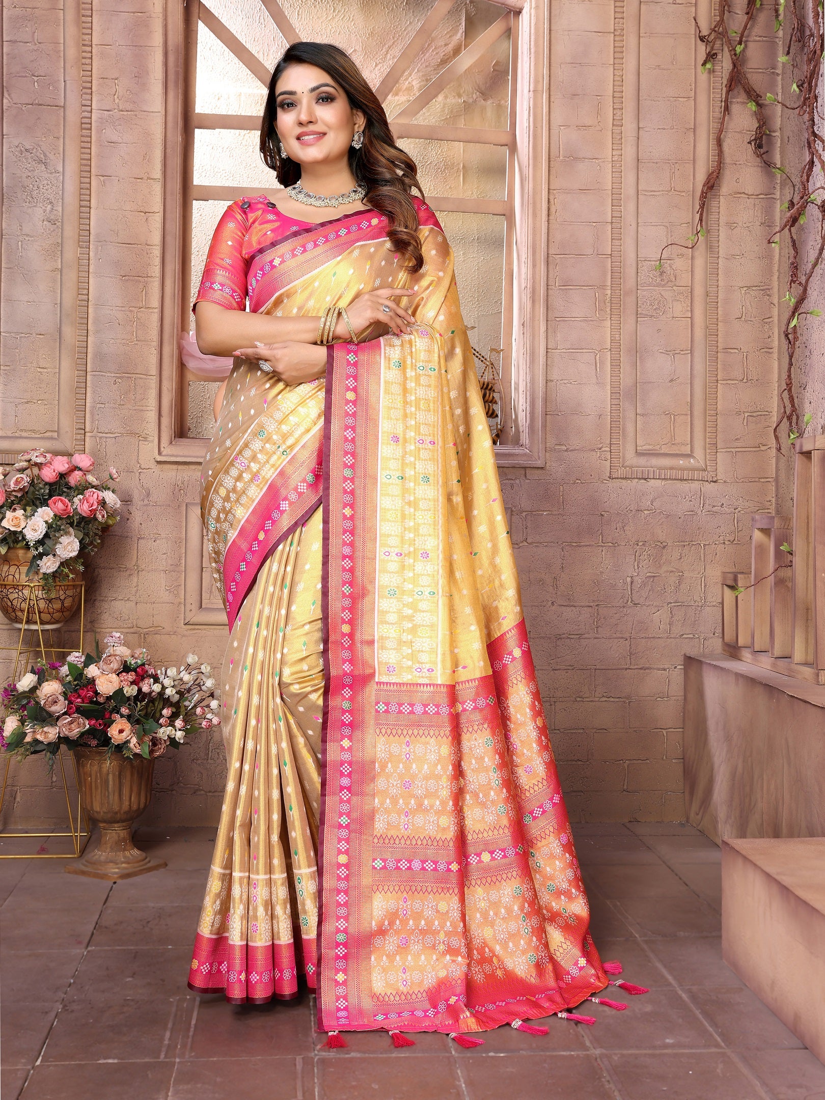 Vedant Vastram Tissue Silk Patola Design Kanjeevaram Silk Saree - Pink - Distacart