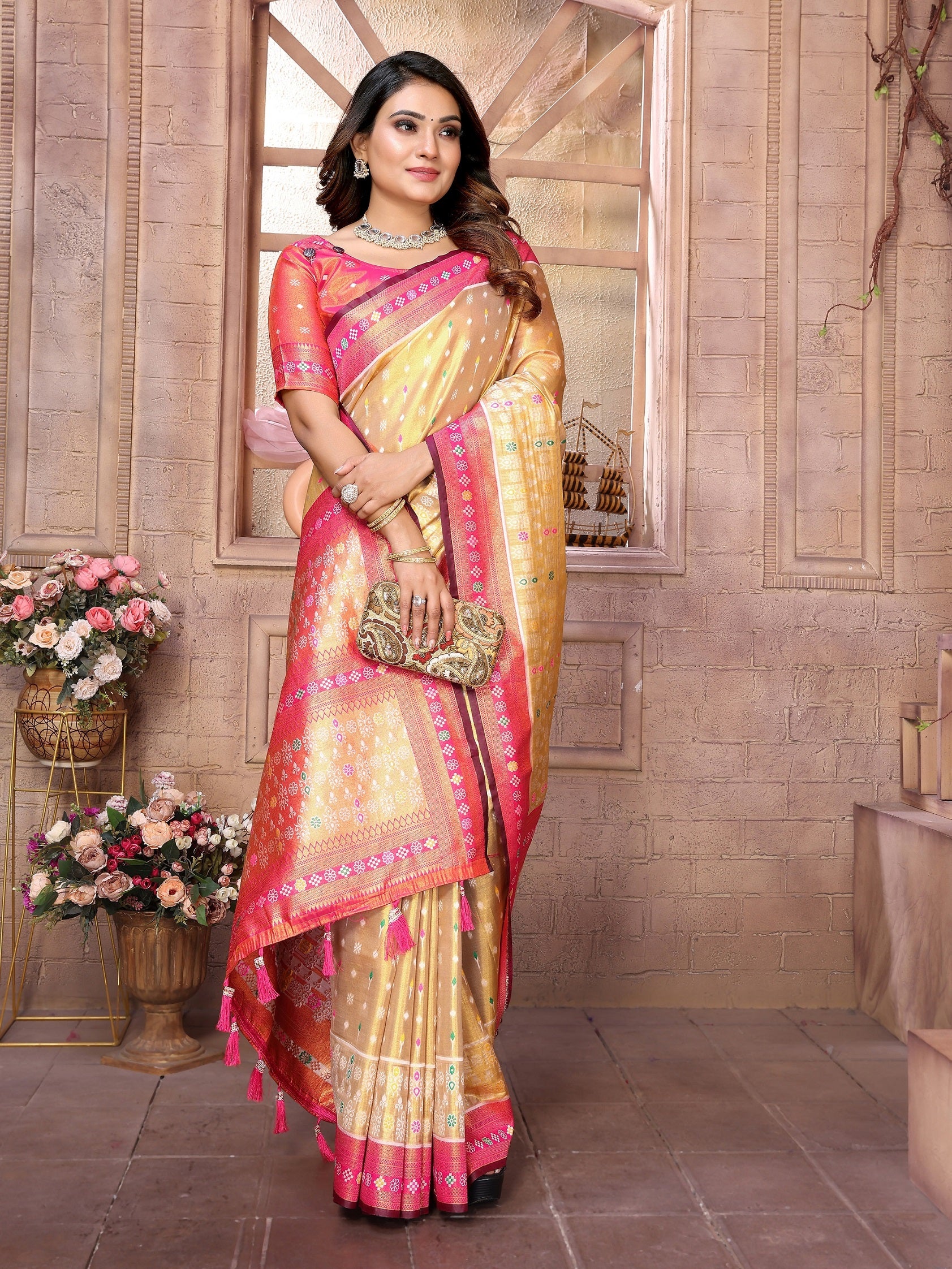 Vedant Vastram Tissue Silk Patola Design Kanjeevaram Silk Saree - Pink - Distacart