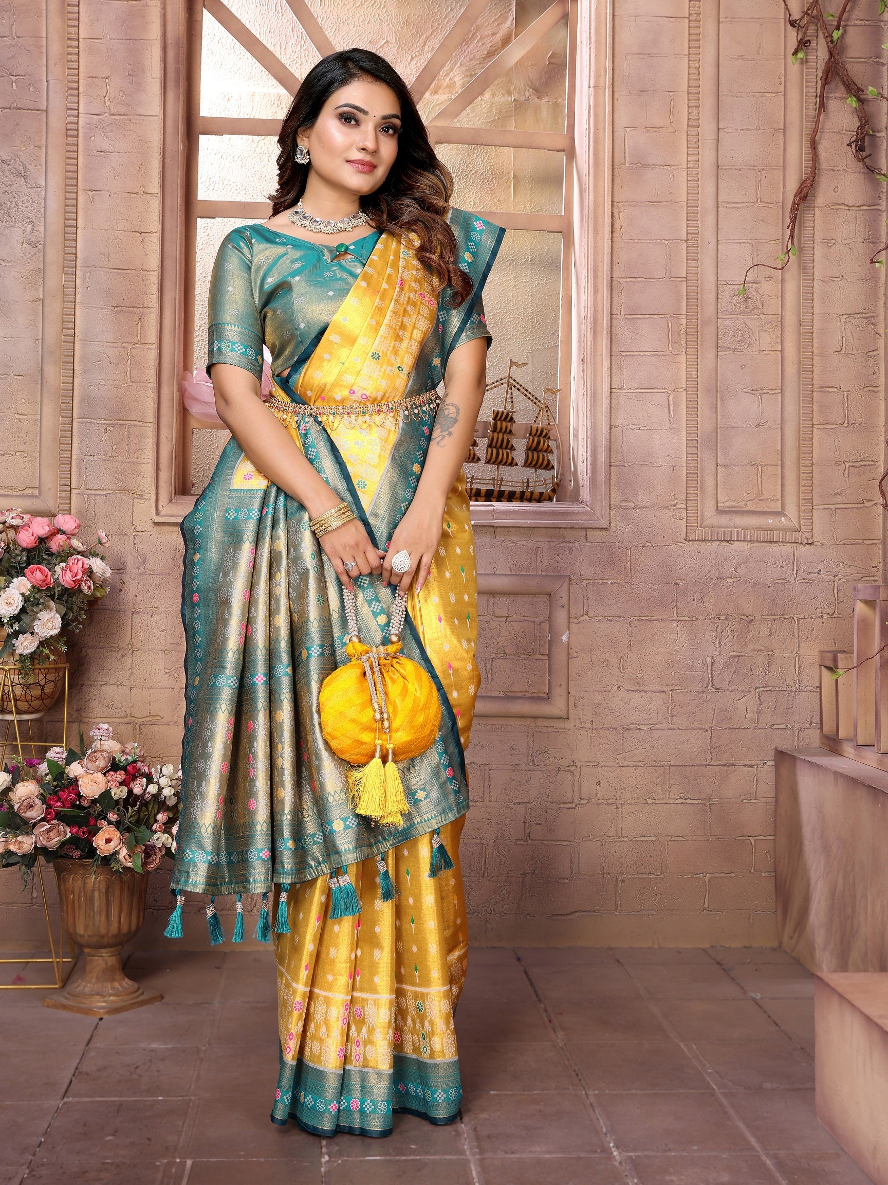 Vedant Vastram Tissue Silk Patola Design Kanjeevaram Silk Saree - Yellow - Distacart