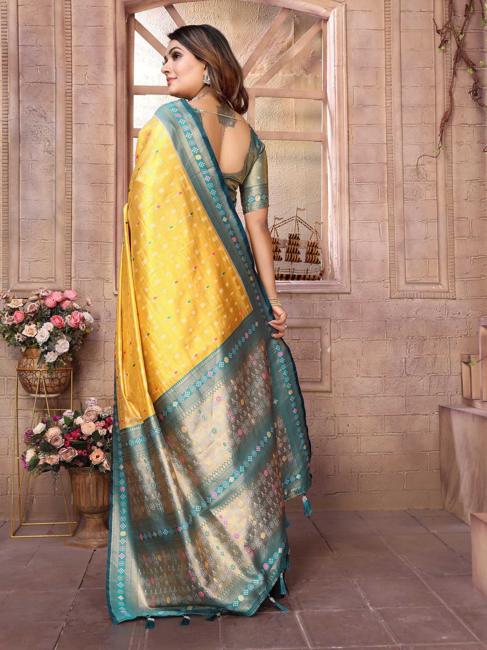Vedant Vastram Tissue Silk Patola Design Kanjeevaram Silk Saree - Yellow - Distacart