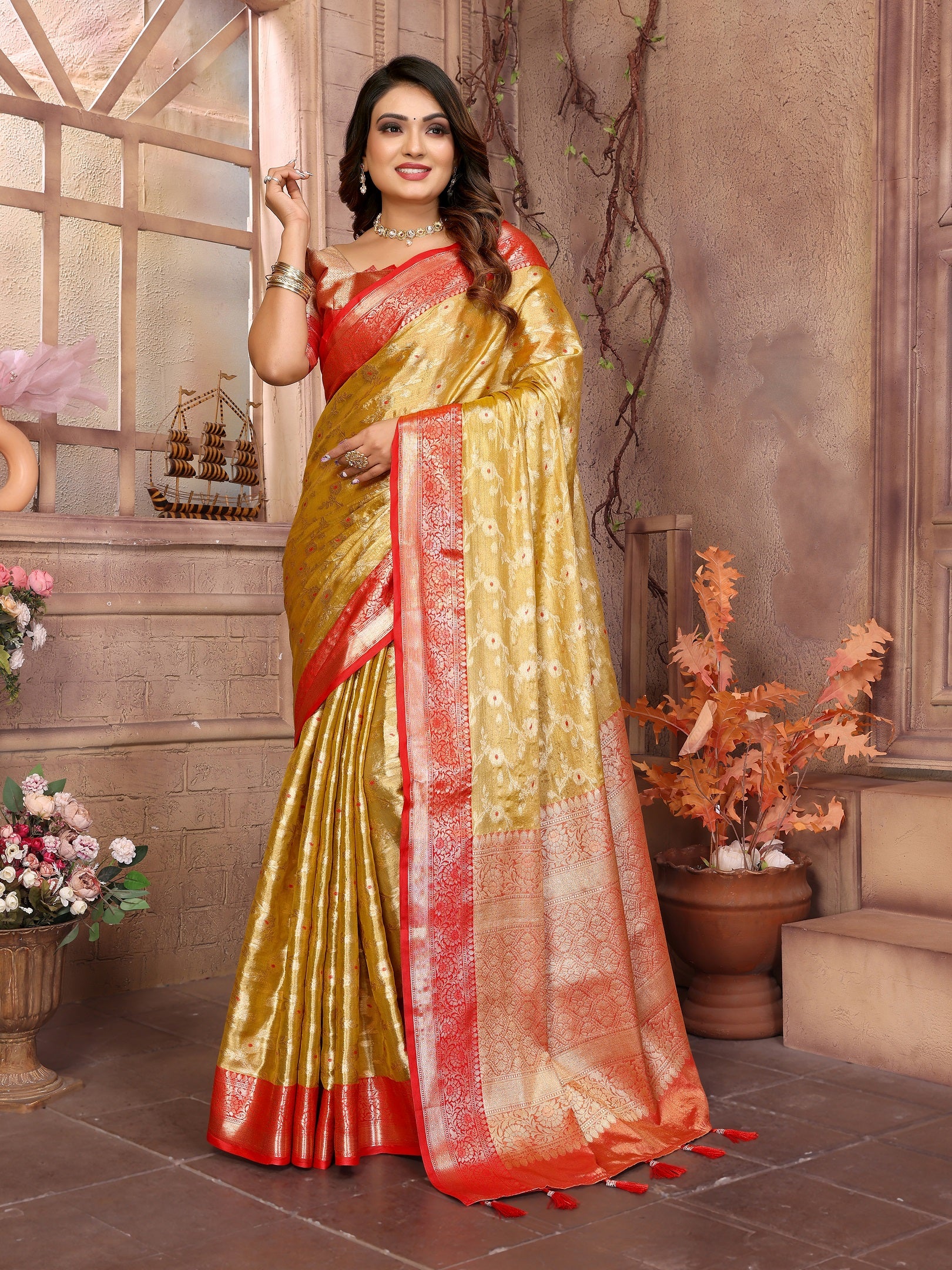 Vedant Vastram Tissue Silk Kanjeevaram Silk Saree - Mustard - Distacart