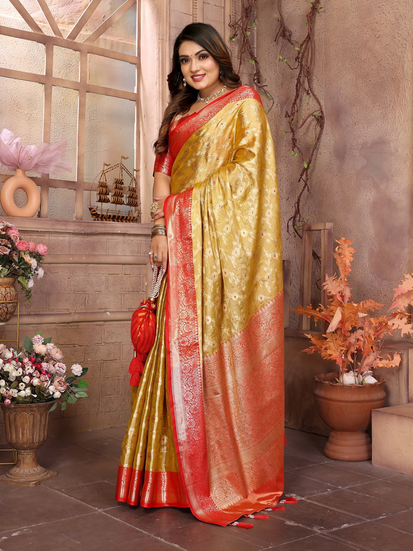Vedant Vastram Tissue Silk Kanjeevaram Silk Saree - Mustard - Distacart