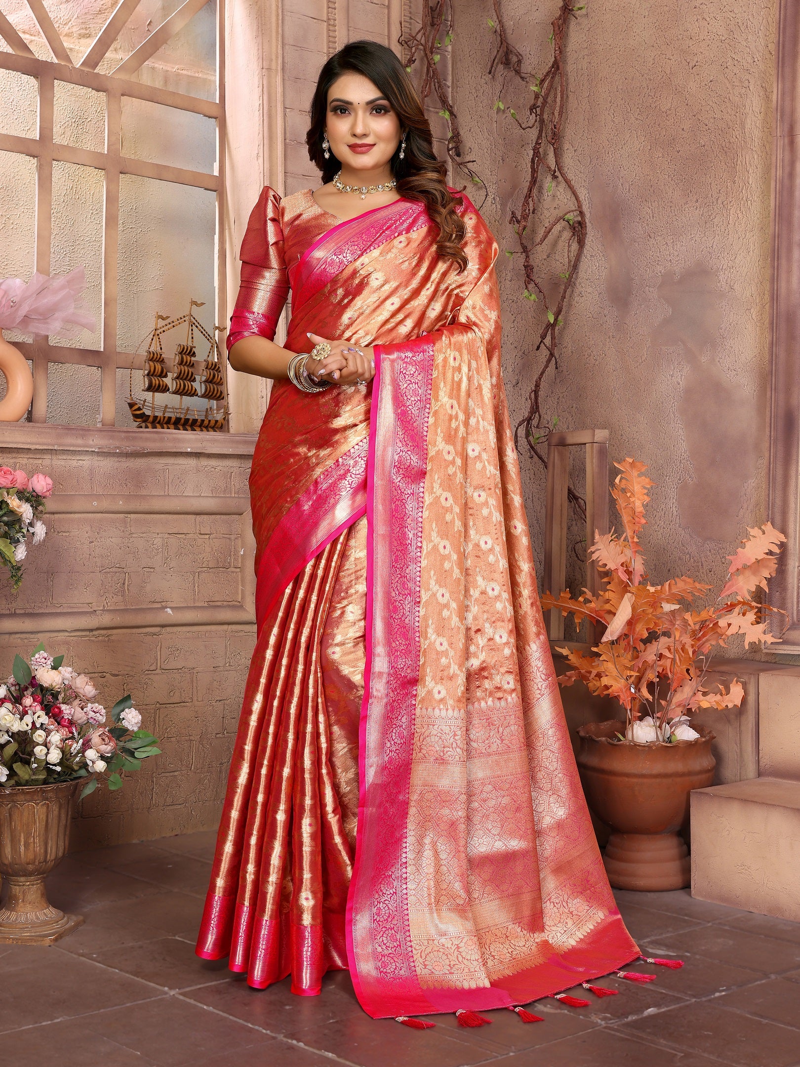 Vedant Vastram Tissue Silk Kanjeevaram Silk Saree - Orange - Distacart