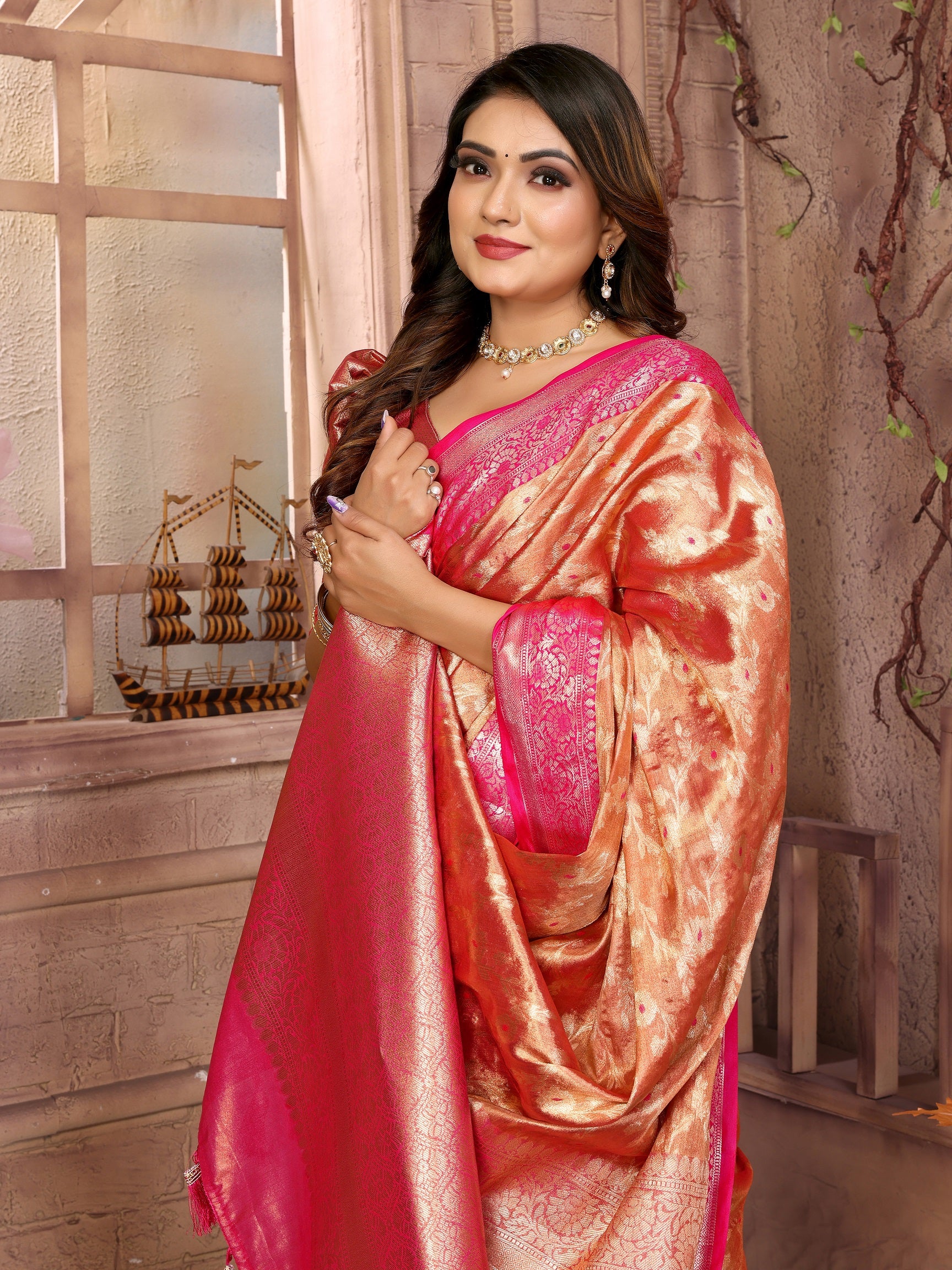 Vedant Vastram Tissue Silk Kanjeevaram Silk Saree - Orange - Distacart
