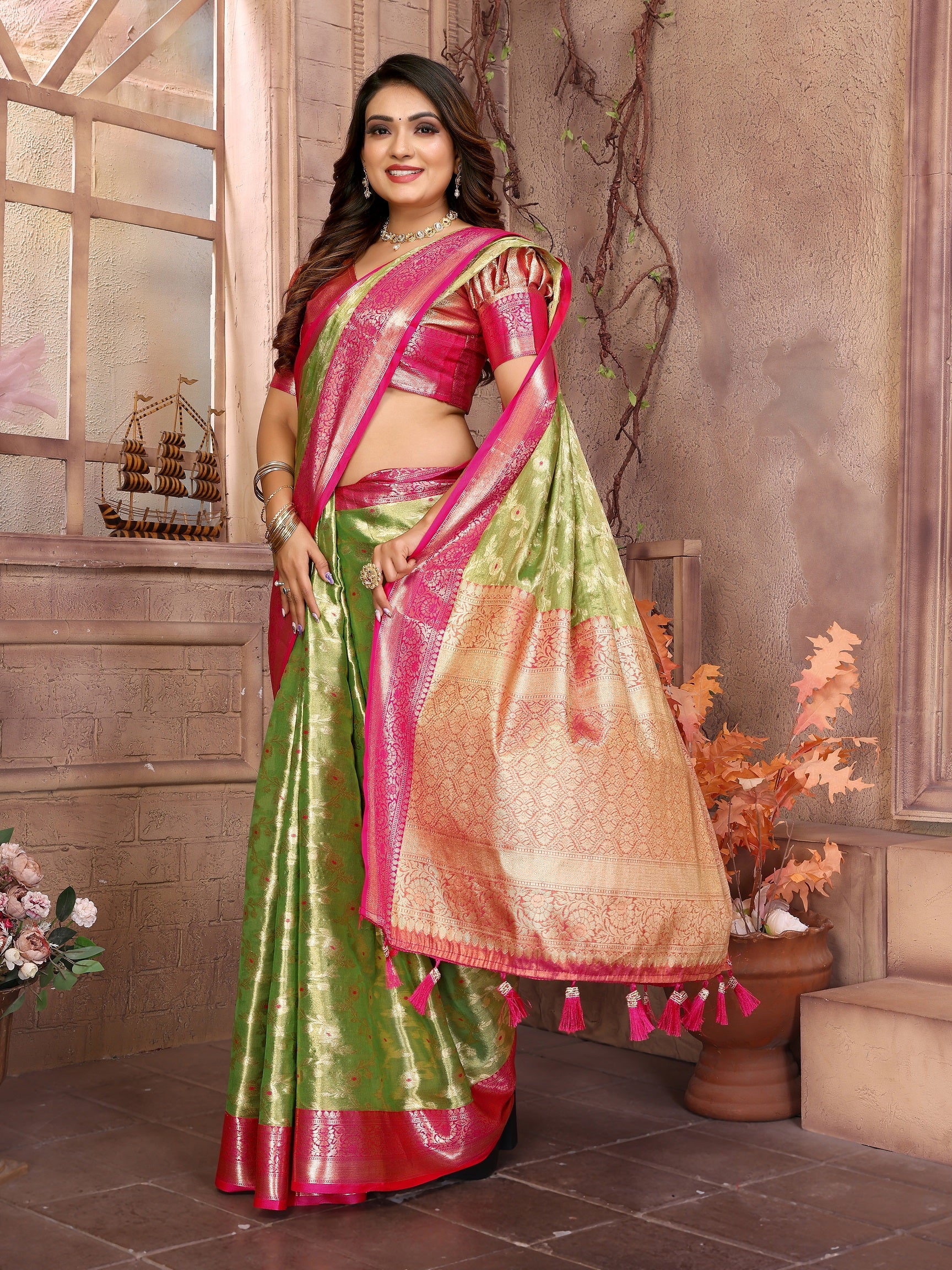 Vedant Vastram Tissue Silk Kanjeevaram Silk Saree - Parrot - Distacart
