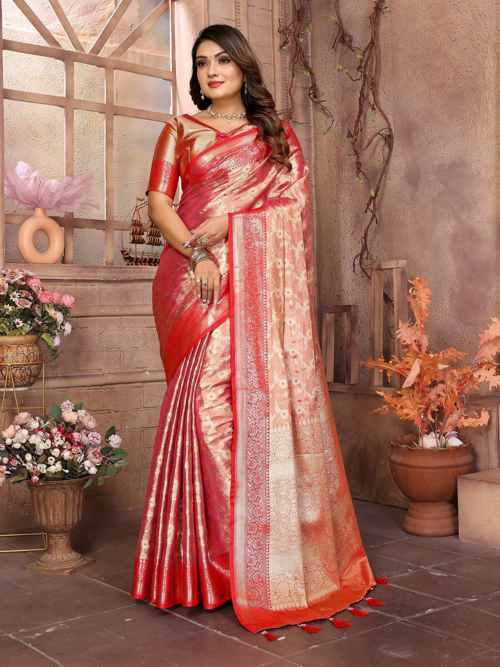 Vedant Vastram Tissue Silk Kanjeevaram Silk Saree - Pink - Distacart